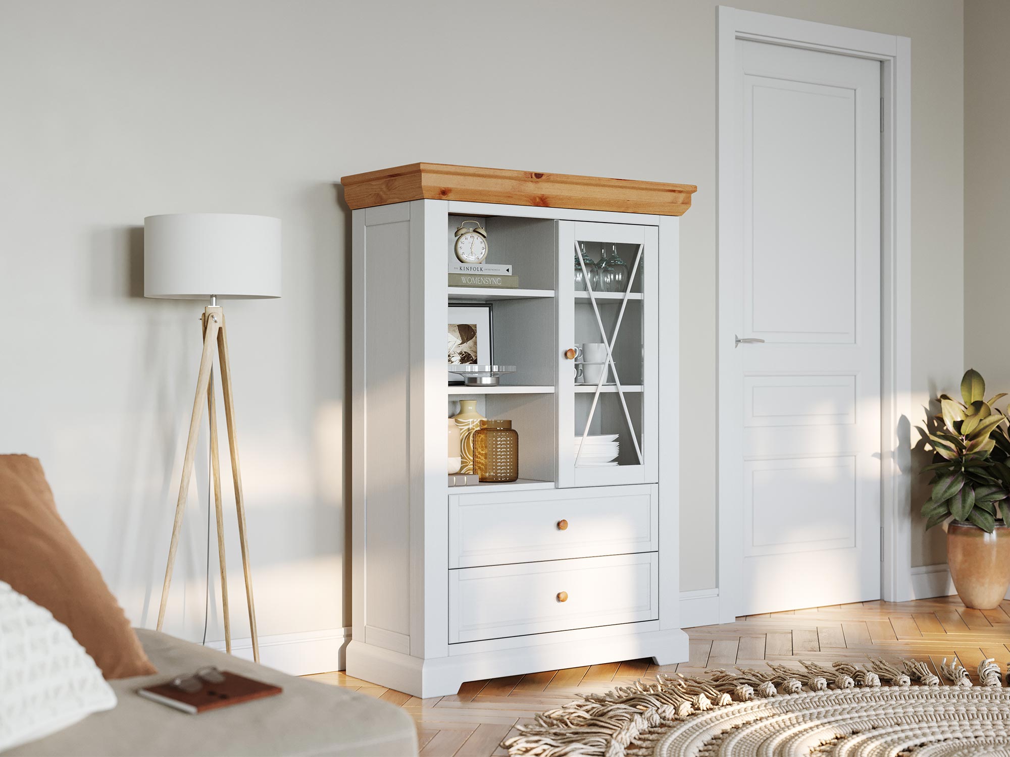 Biała witryna z przeszklonymi drzwiami i drewnianym blatem