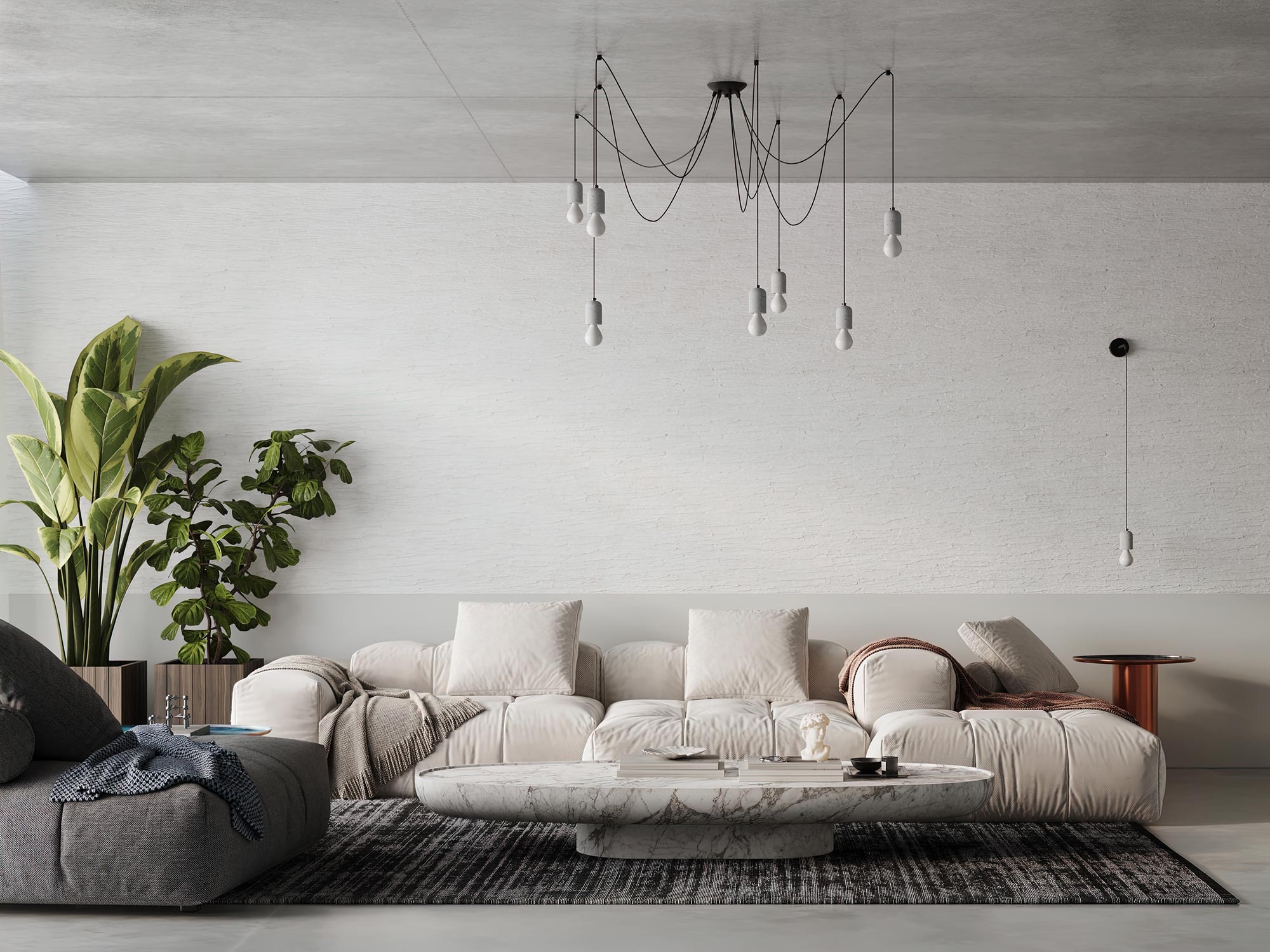 Nowoczesne wnętrze z lampą pajęczynową i białymi oprawkami Nowoczesne wnętrze z lampą pajęczynową i białymi oprawkami