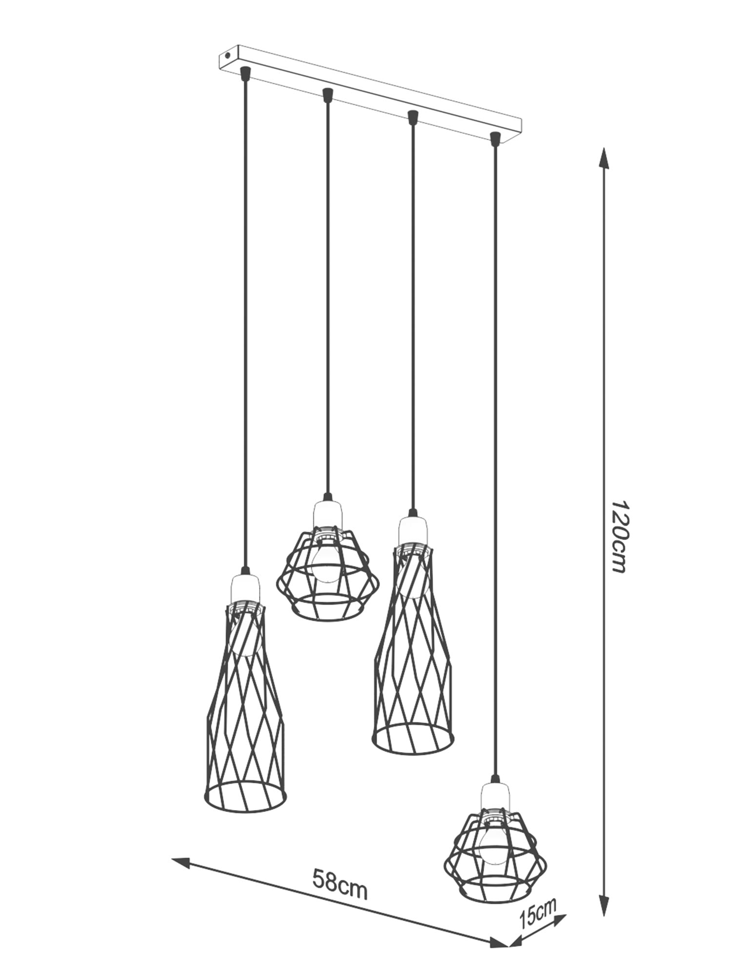 Schemat wymiarów pięciu lamp LED w układzie liniowym Schemat wymiarów pięciu lamp LED w układzie liniowym