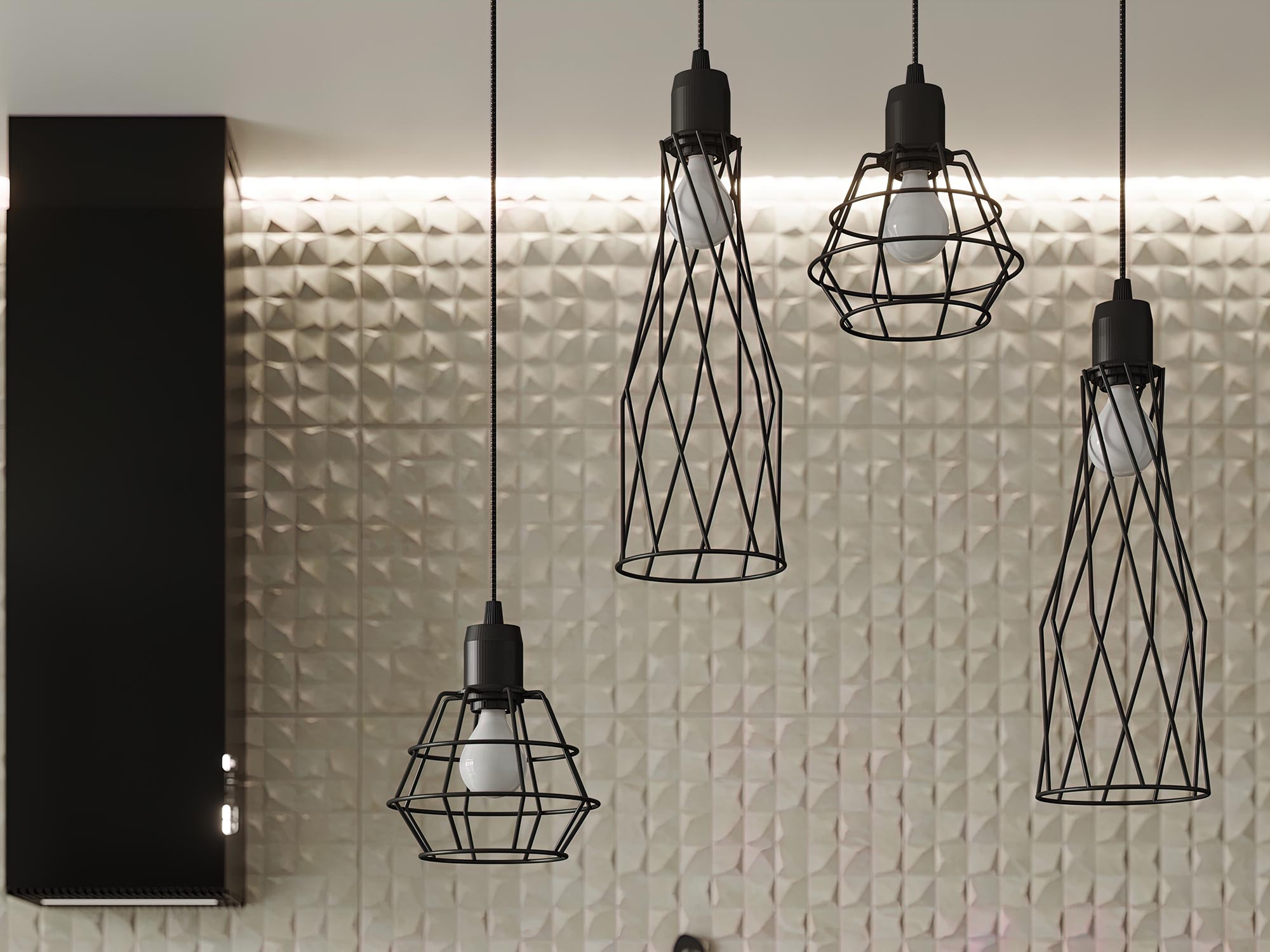 Zbliżenie na lampy druciane nad stołem w stylu loft Zbliżenie na lampy druciane nad stołem w stylu loft