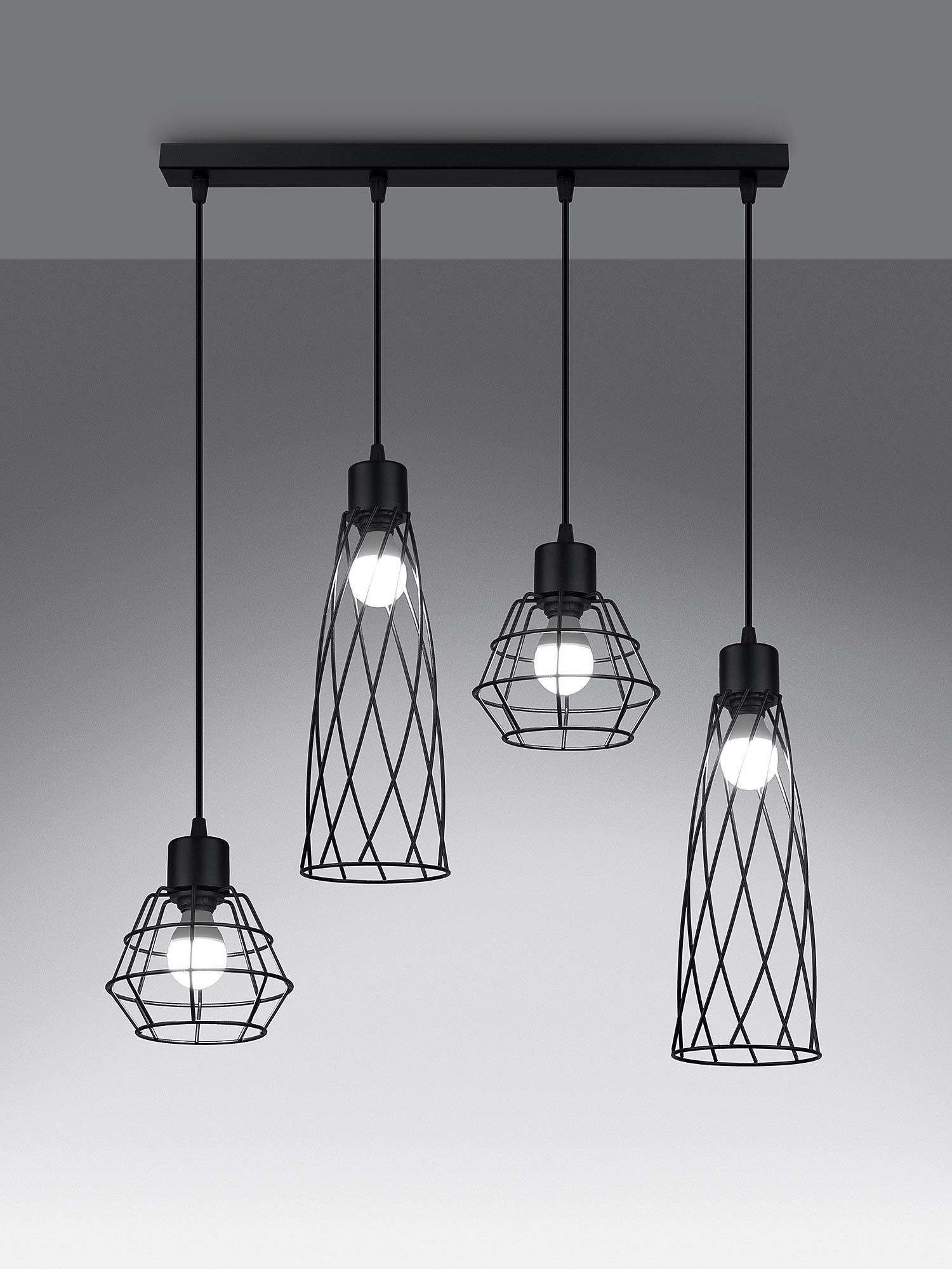 Czarne lampy druciane LED z czarną podsufitką Czarne lampy druciane LED z czarną podsufitką