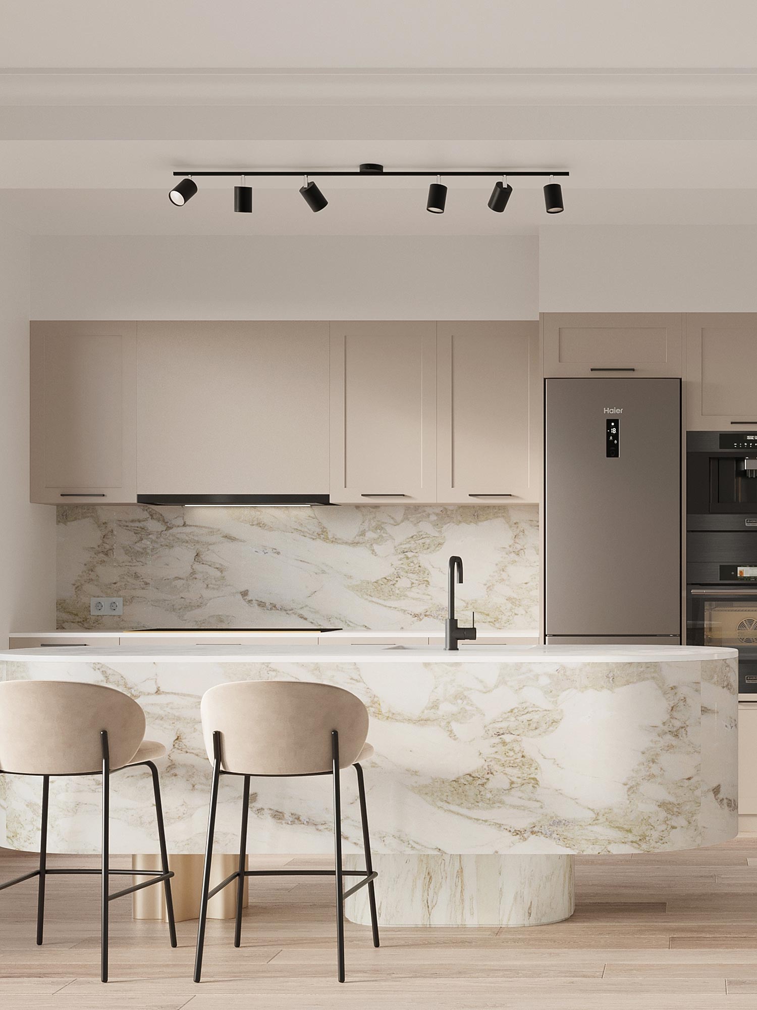 Aranżacja kuchni z czarnymi reflektorami LED na suficie Aranżacja kuchni z czarnymi reflektorami LED na suficie