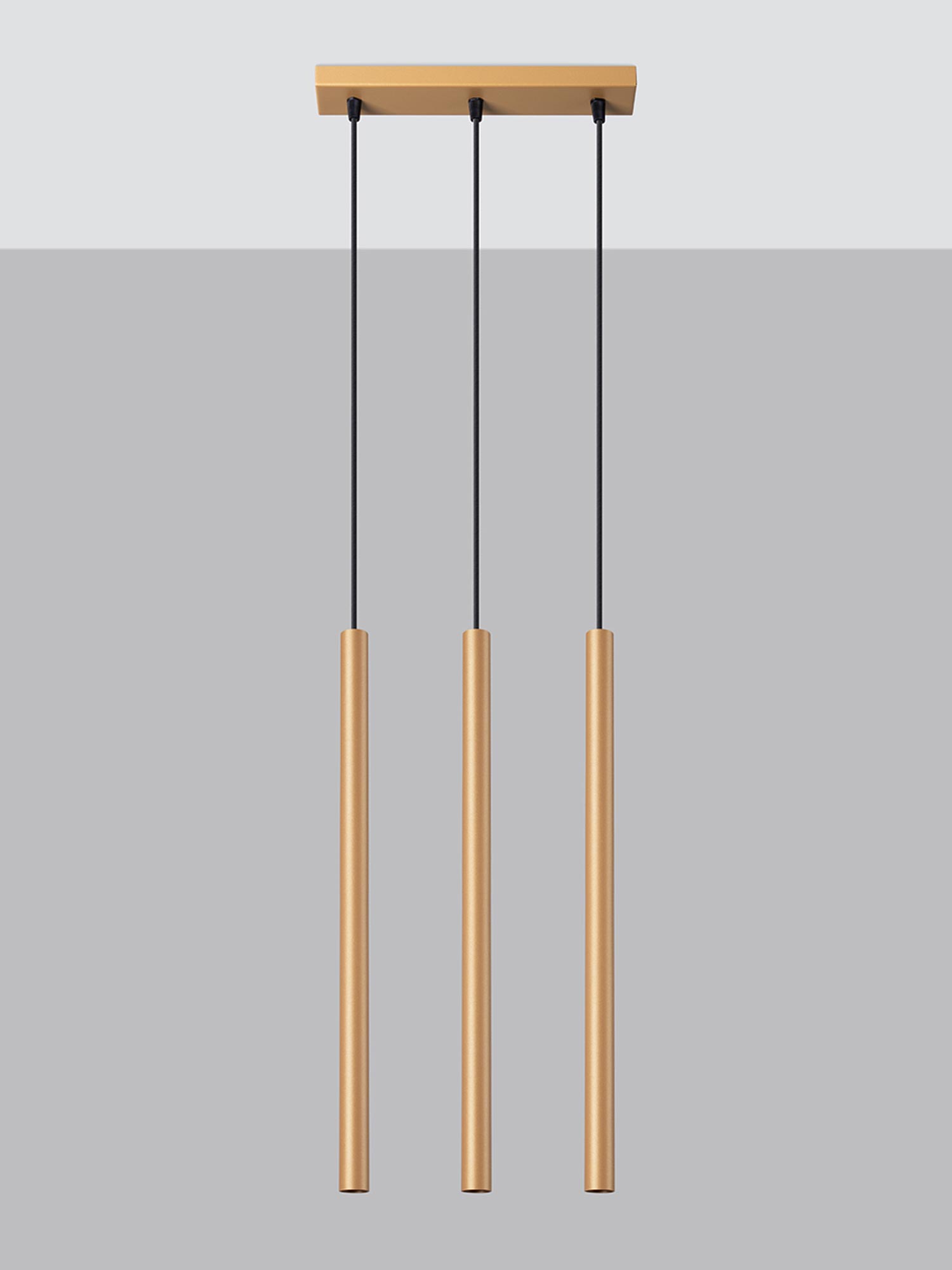 Wizualizacja lampy LED z trzema złotymi tubami na tle szarym Wizualizacja lampy LED z trzema złotymi tubami na tle szarym