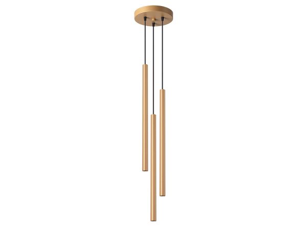 Lampa wisząca z trzema złotymi tubami LED i okrągłą podsufitką