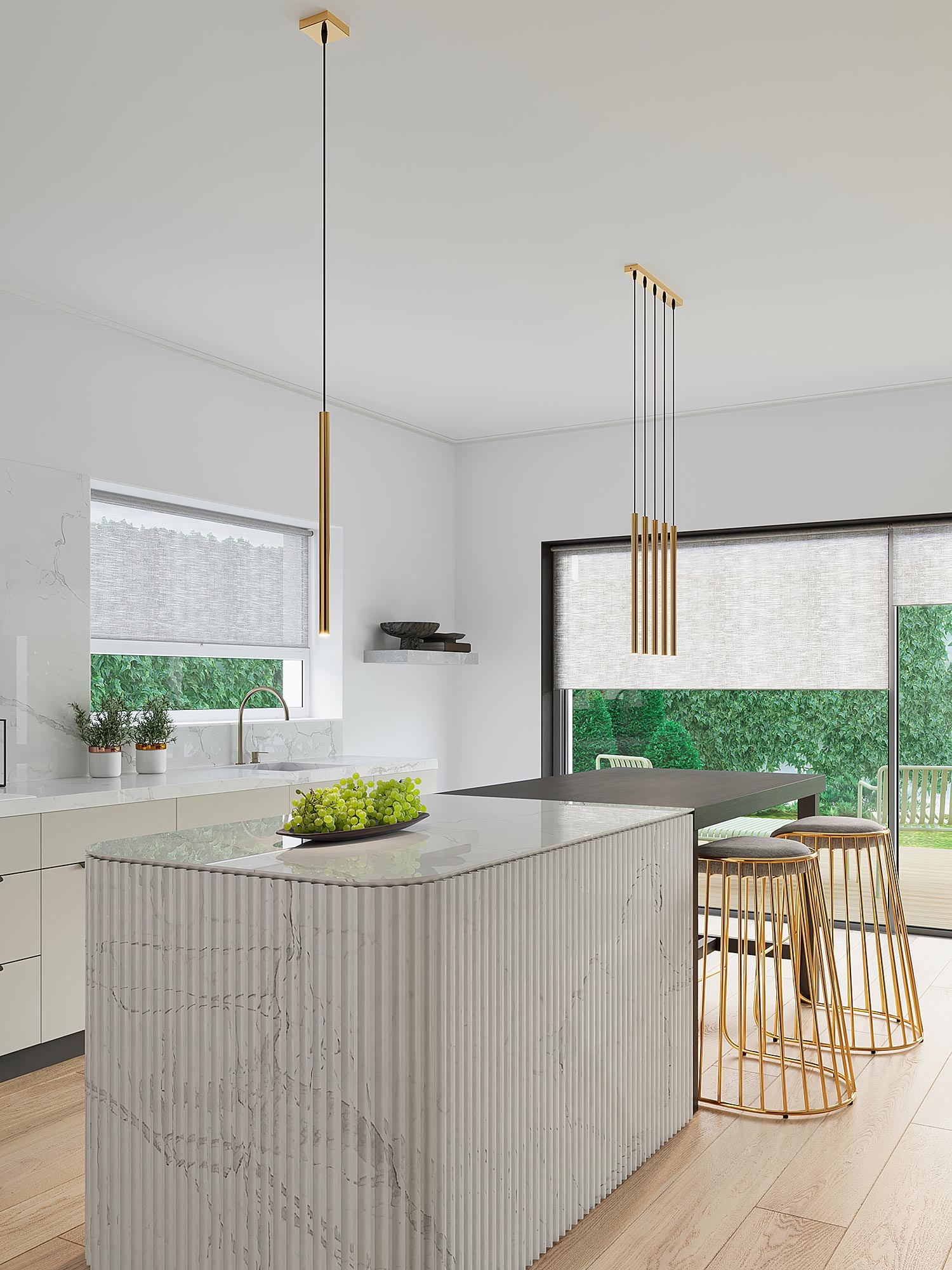 Złote tuby LED wiszące na czarnych przewodach, wizualizacja Złote tuby LED wiszące na czarnych przewodach, wizualizacja