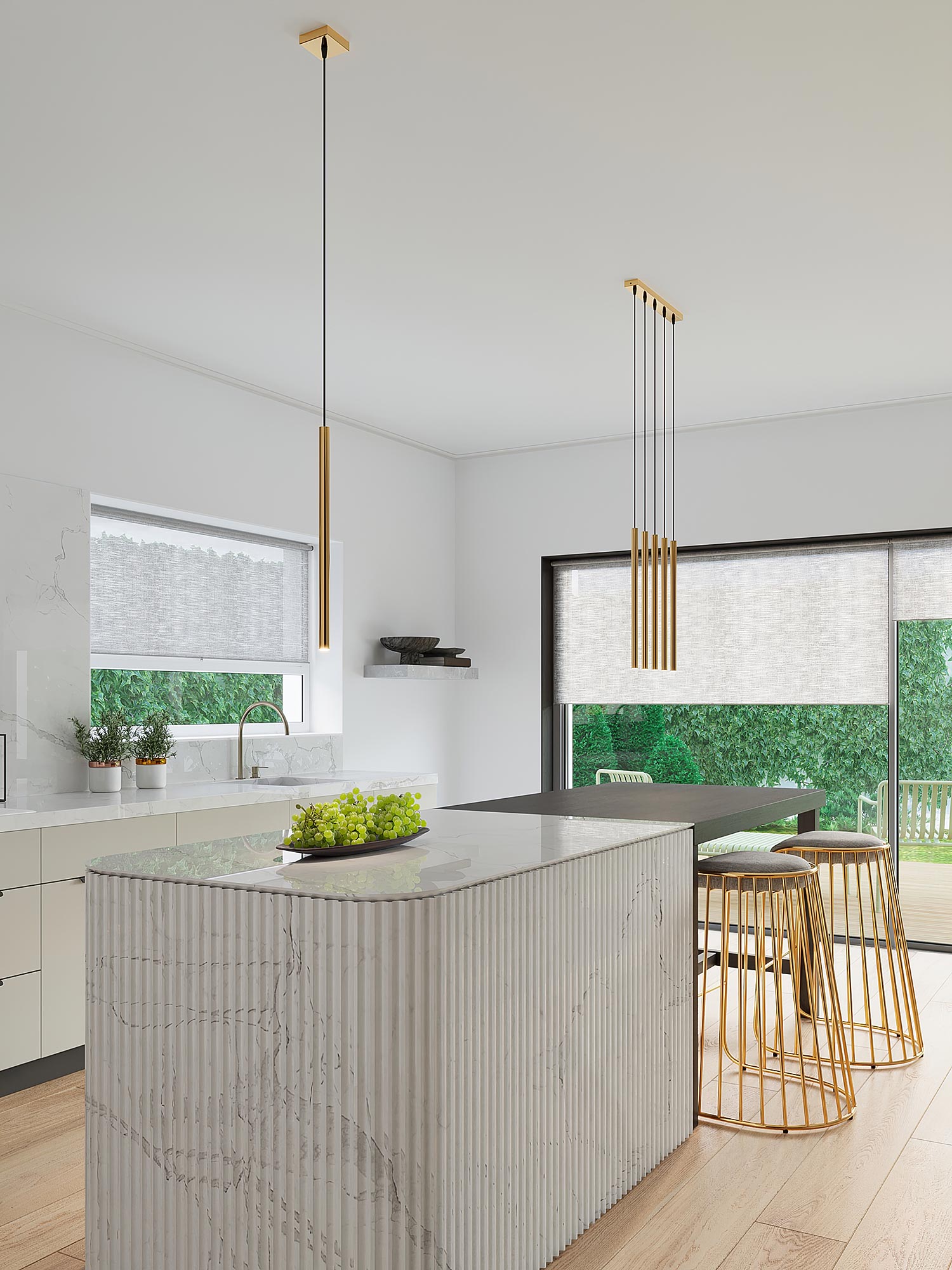 Aranżacja kuchni z trzema złotymi tubami LED nad wyspą Aranżacja kuchni z trzema złotymi tubami LED nad wyspą