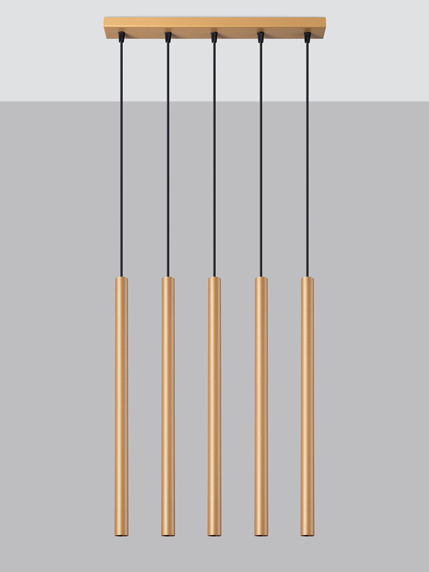 Wizualizacja złotych lamp LED zawieszonych równolegle Wizualizacja złotych lamp LED zawieszonych równolegle