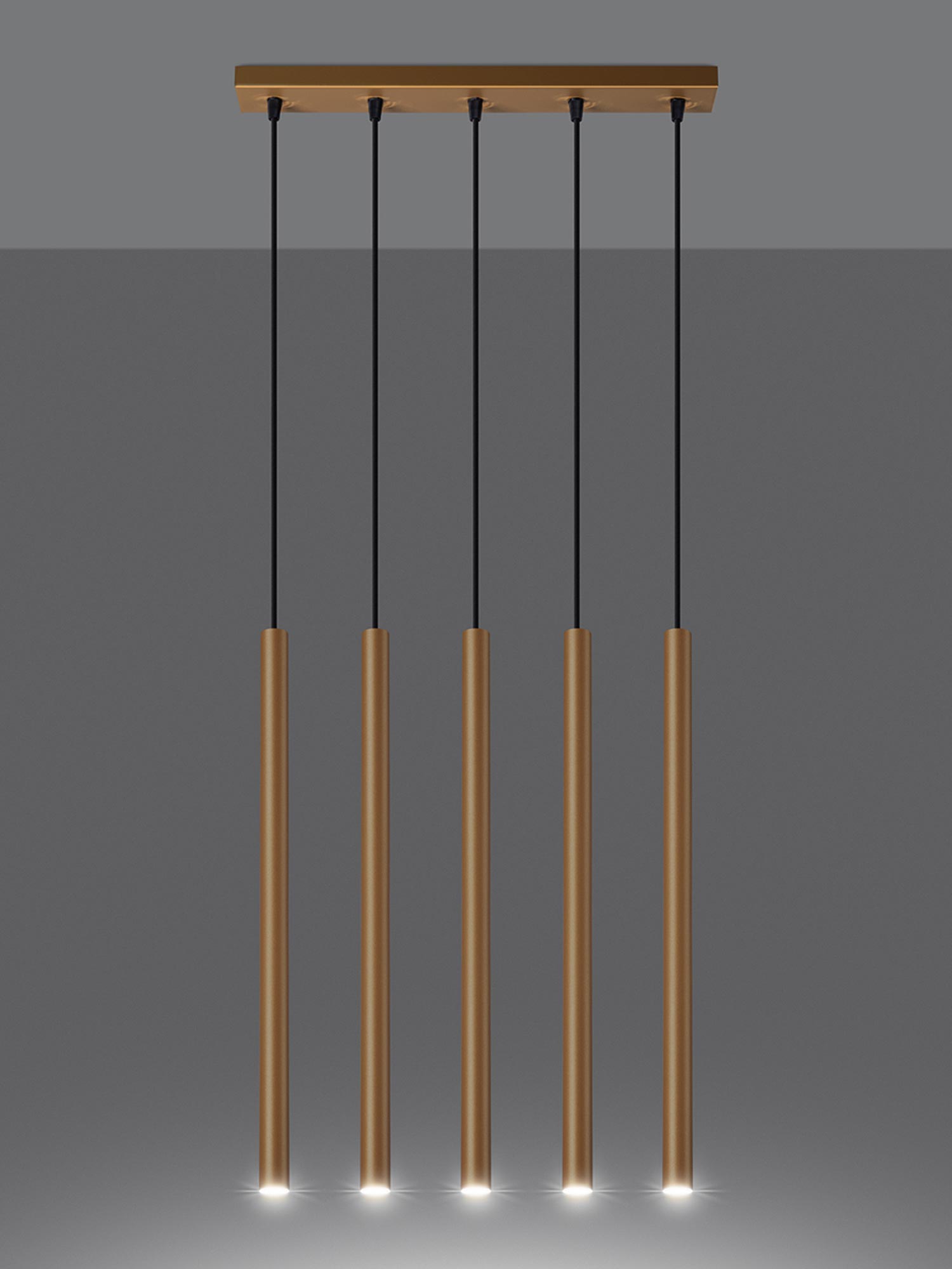 Złote tuby LED wiszące na czarnych przewodach, wizualizacja Złote tuby LED wiszące na czarnych przewodach, wizualizacja