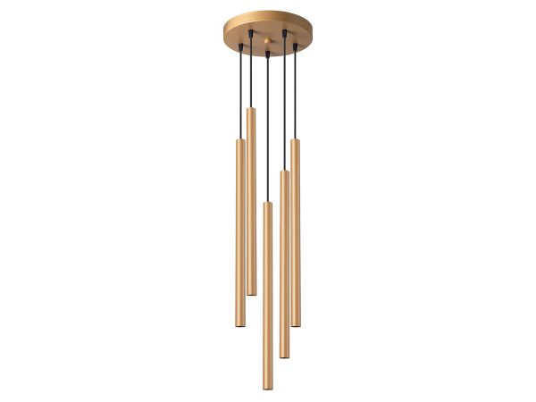 Kompozycja złotych lamp wiszących z okrągłą podsufitką