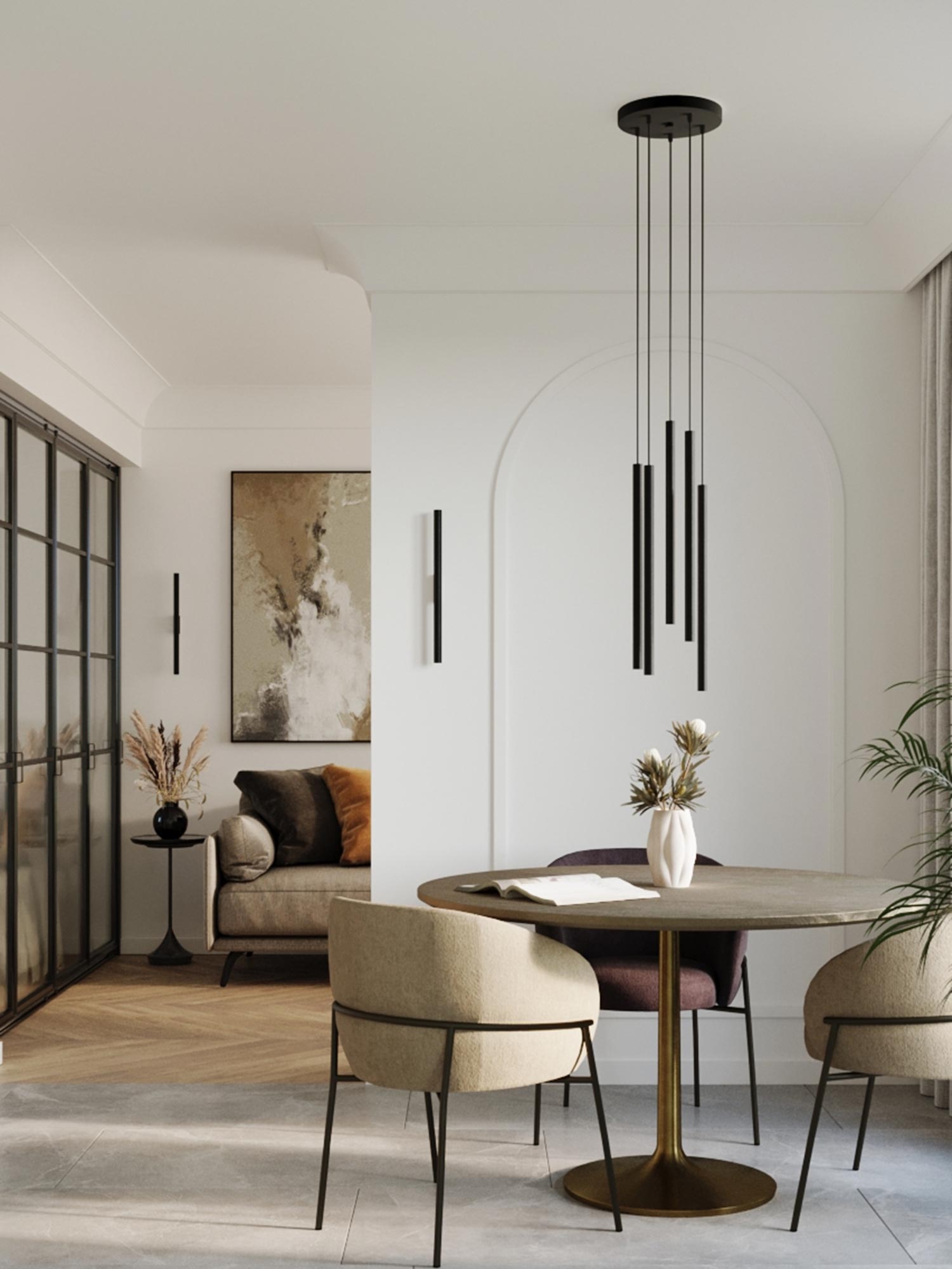 Salon z wiszącymi tubami LED w kolorze czarnym Salon z wiszącymi tubami LED w kolorze czarnym