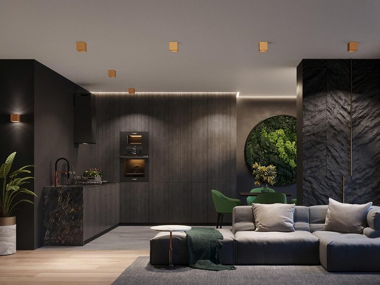 Tmavá obývací zóna ve stylu modern luxury