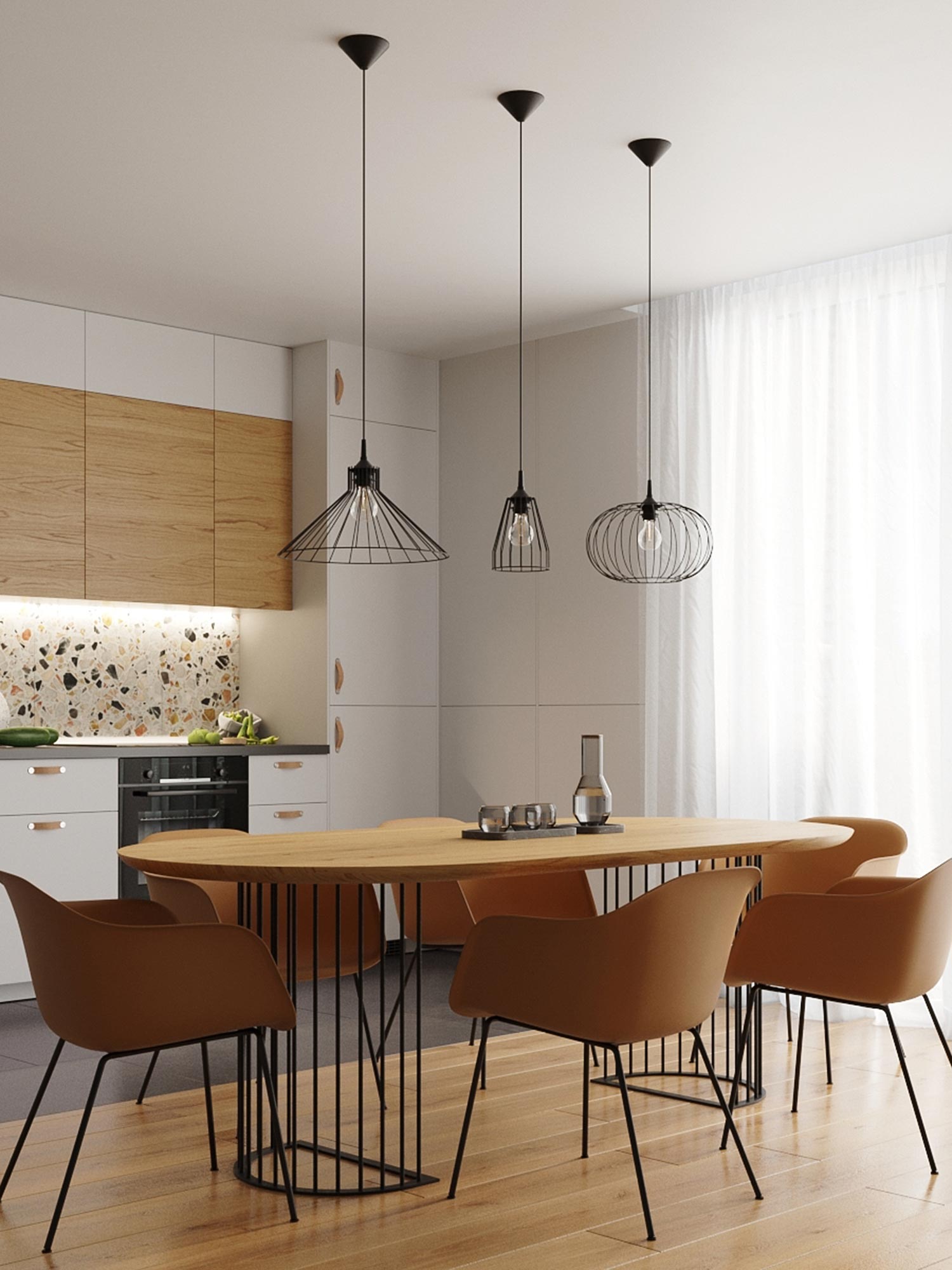 Jadalnia z metalowymi lampami loftowymi nad stołem Jadalnia z metalowymi lampami loftowymi nad stołem