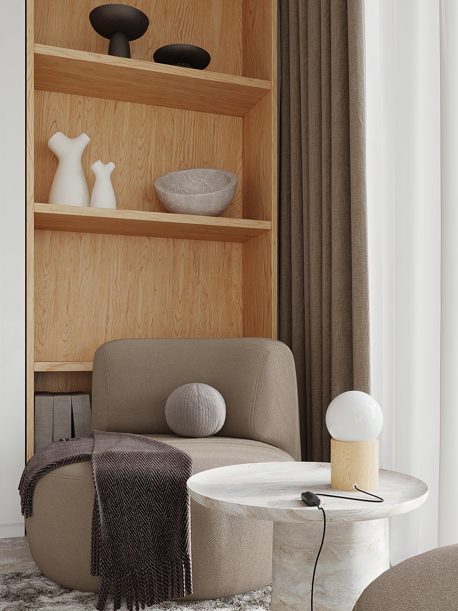 Salon z regałami i lampą dekoracyjną w stylu skandynawskim Salon z regałami i lampą dekoracyjną w stylu skandynawskim