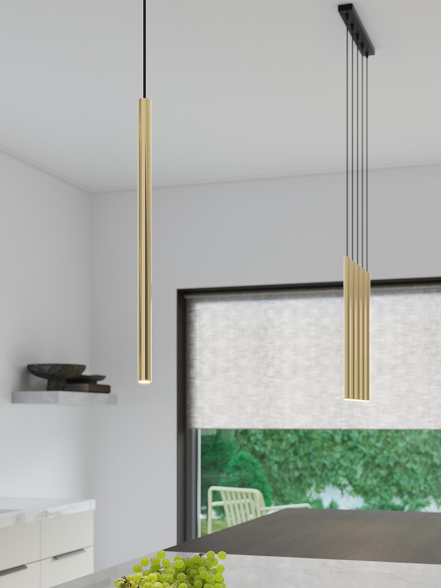 Lampy wiszące LED w kuchni z czarno-złotym kontrastem Lampy wiszące LED w kuchni z czarno-złotym kontrastem