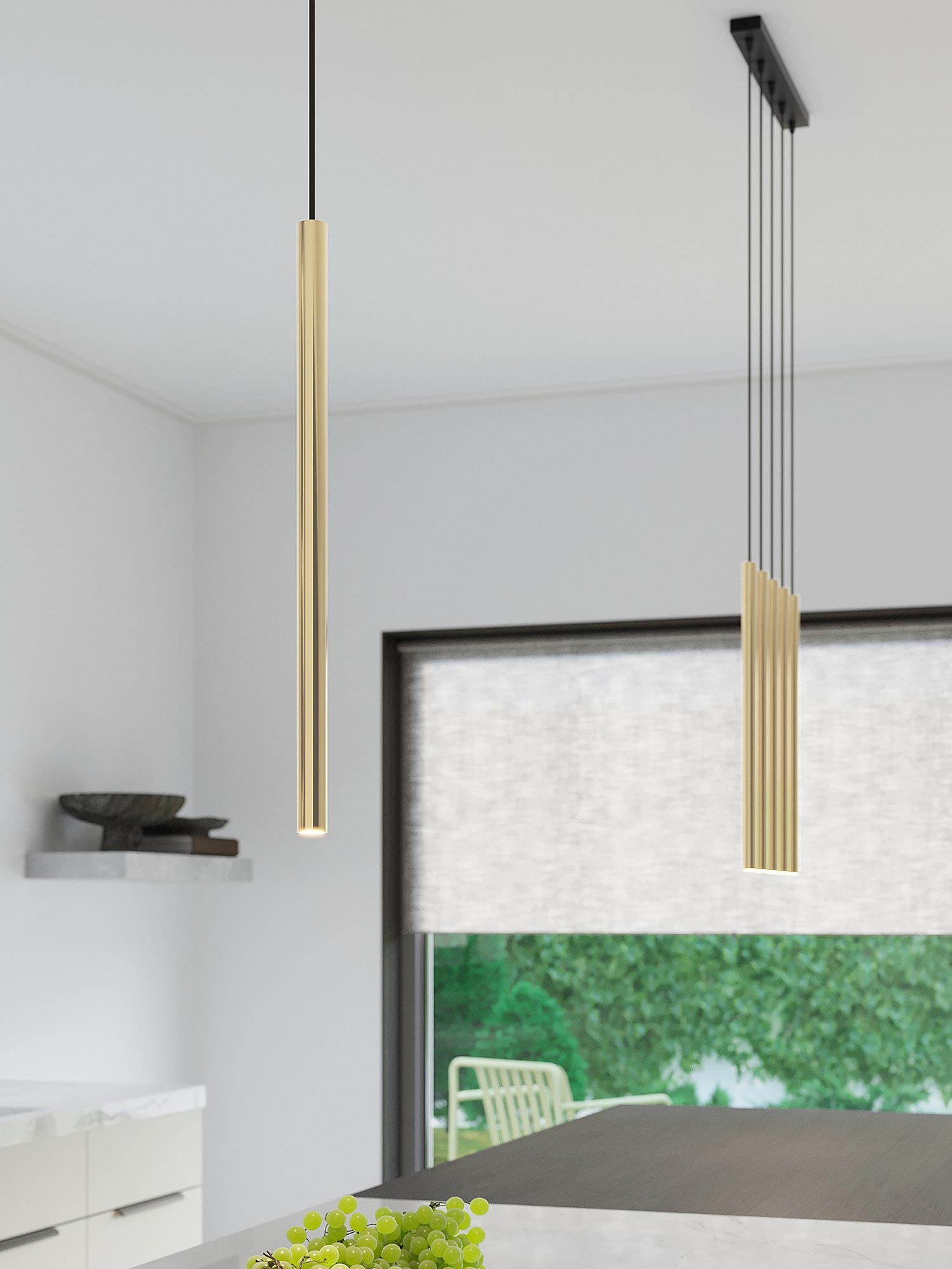 Nowoczesna kuchnia z oświetleniem wiszącym LED złotym Nowoczesna kuchnia z oświetleniem wiszącym LED złotym