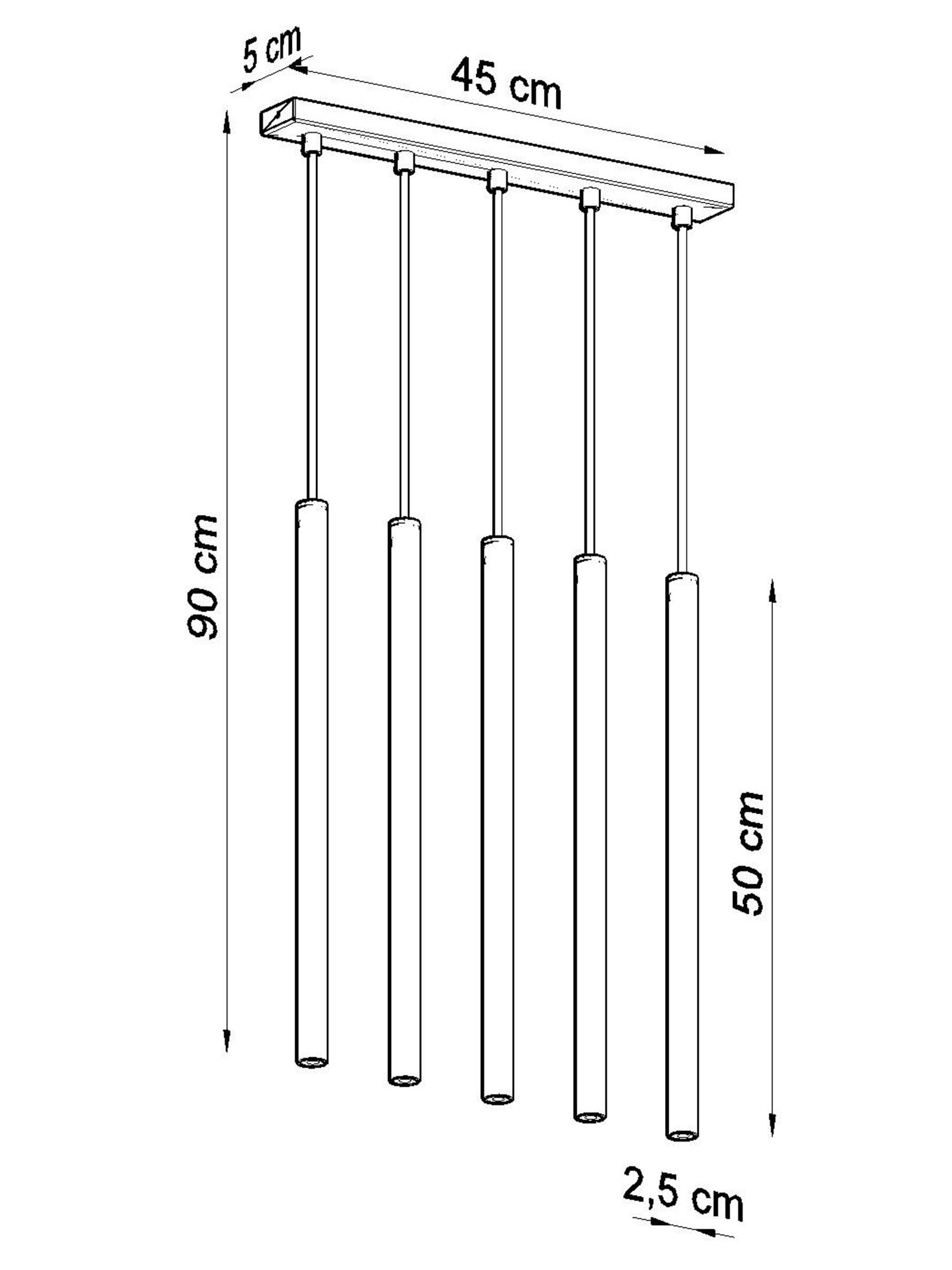 Schemat zawieszenia pięciu lamp tubowych na różnych wysokościach Schemat zawieszenia pięciu lamp tubowych na różnych wysokościach
