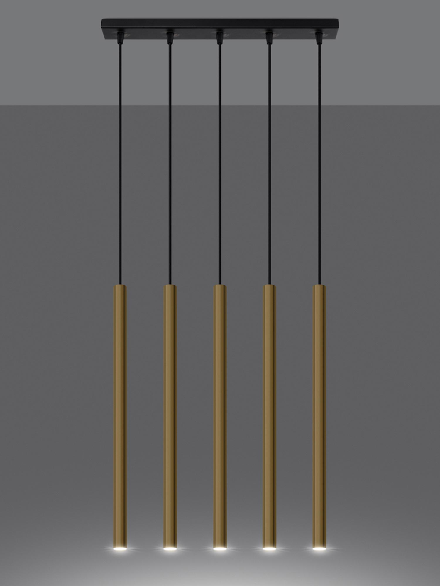 Pięć złotych tub w aranżacji loftowej nad wyspą kuchenną Pięć złotych tub w aranżacji loftowej nad wyspą kuchenną