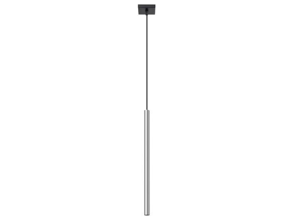 Lampa wisząca z czarną podsufitką i metalową tubą