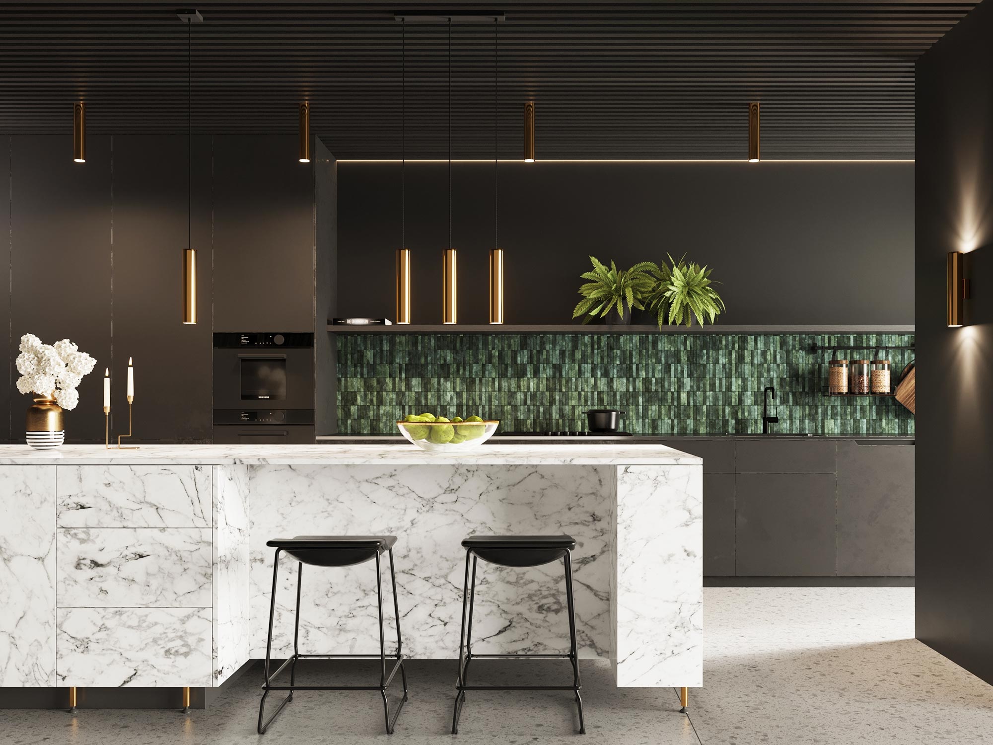 Luksusowa kuchnia z marmurem i złotym oświetleniem tubowym Luksusowa kuchnia z marmurem i złotym oświetleniem tubowym