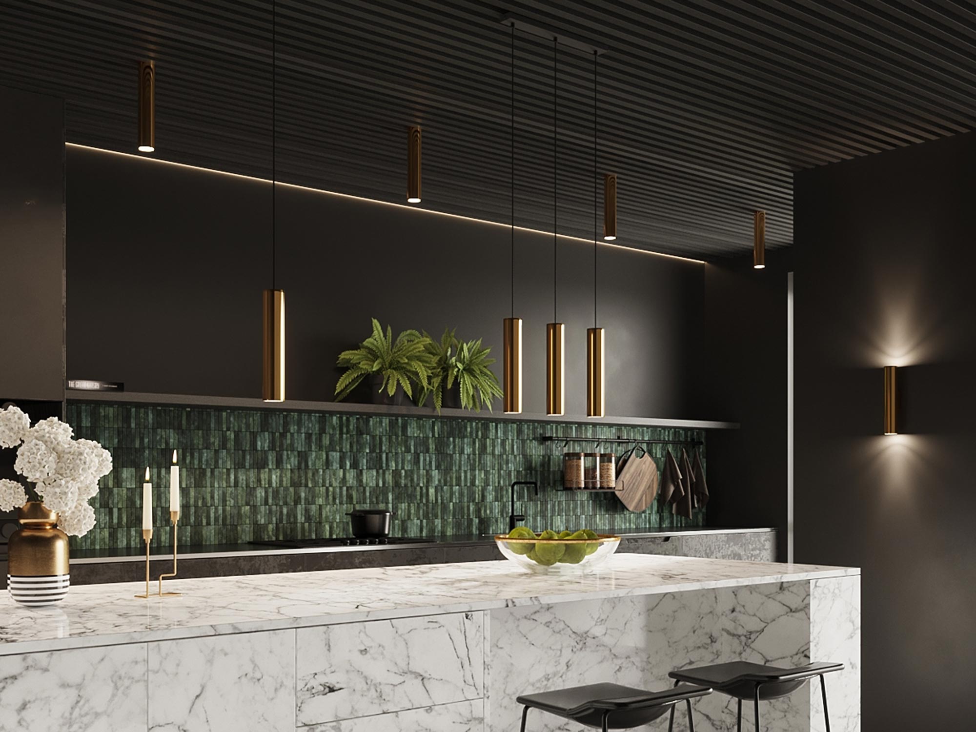 Kuchnia z wyspą i lampami wiszącymi w złotym kolorze Kuchnia z wyspą i lampami wiszącymi w złotym kolorze