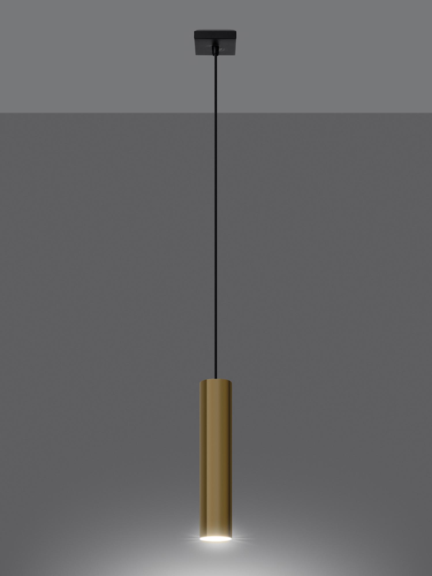 Złoty klosz tuba LED na tle szarości, styl glamour Złoty klosz tuba LED na tle szarości, styl glamour