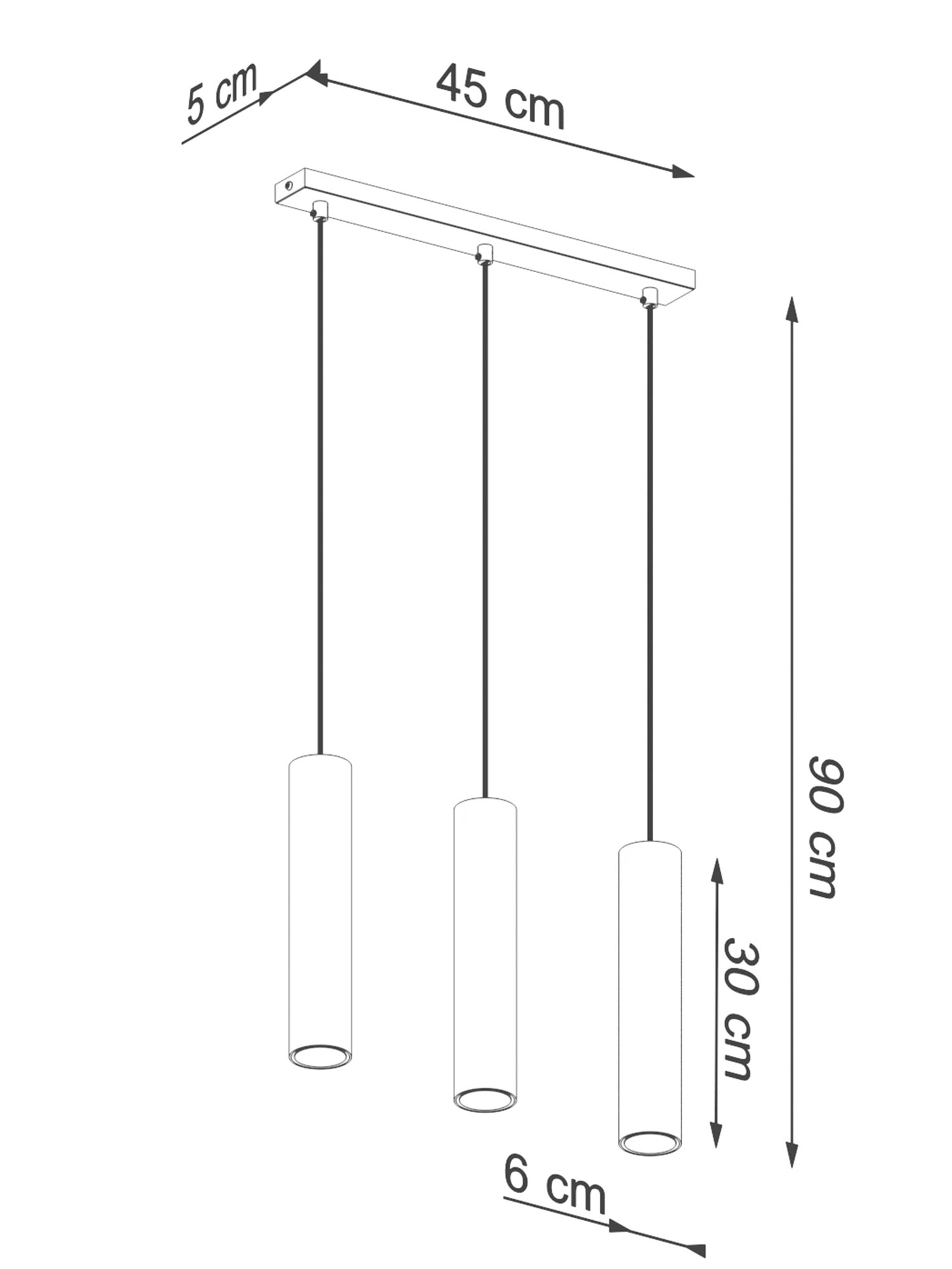 Rysunek techniczny lampy potrójnej – długość 90 cm Rysunek techniczny lampy potrójnej – długość 90 cm
