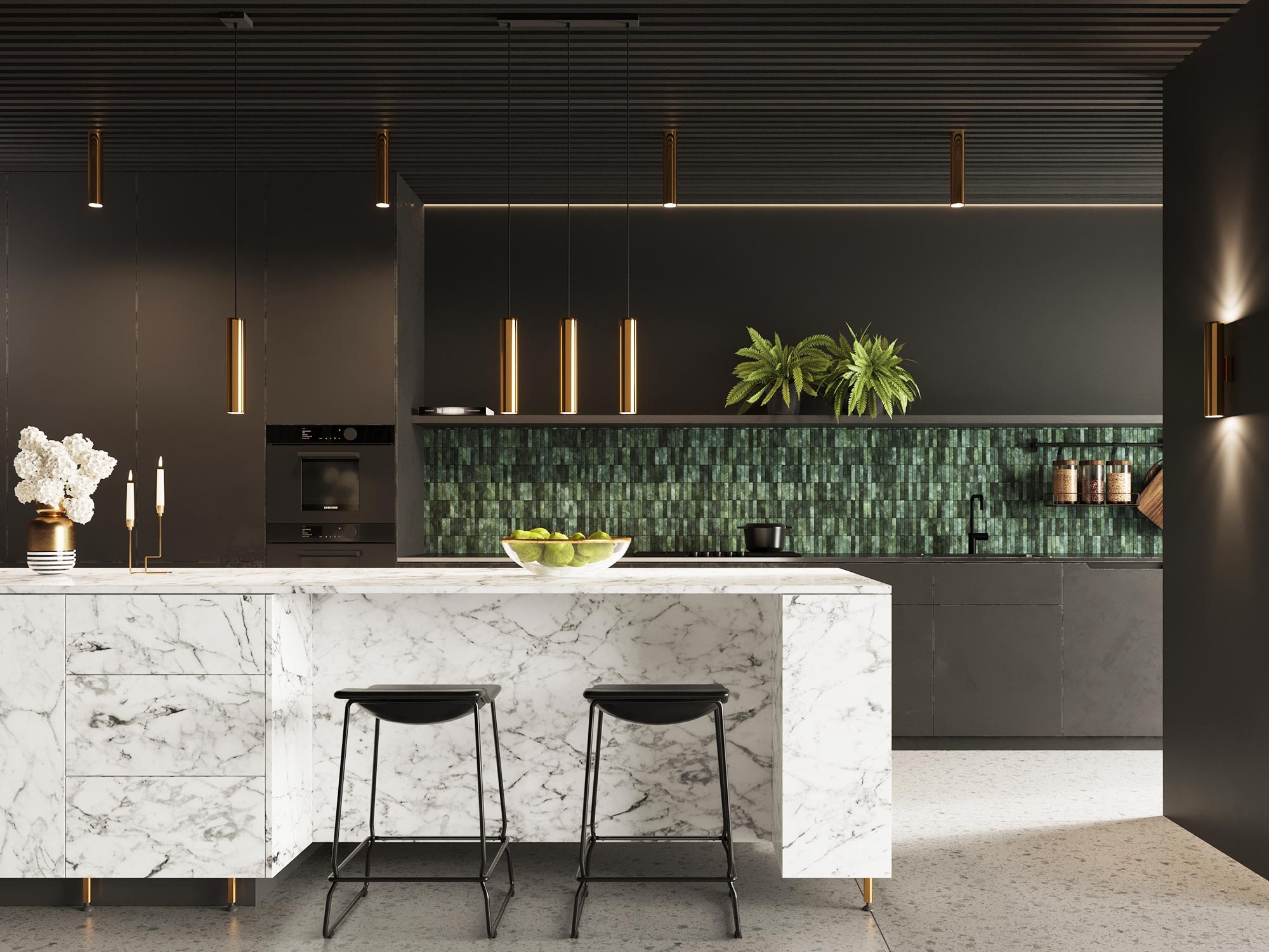 Złote lampy tubowe LED w nowoczesnym wnętrzu kuchennym Złote lampy tubowe LED w nowoczesnym wnętrzu kuchennym