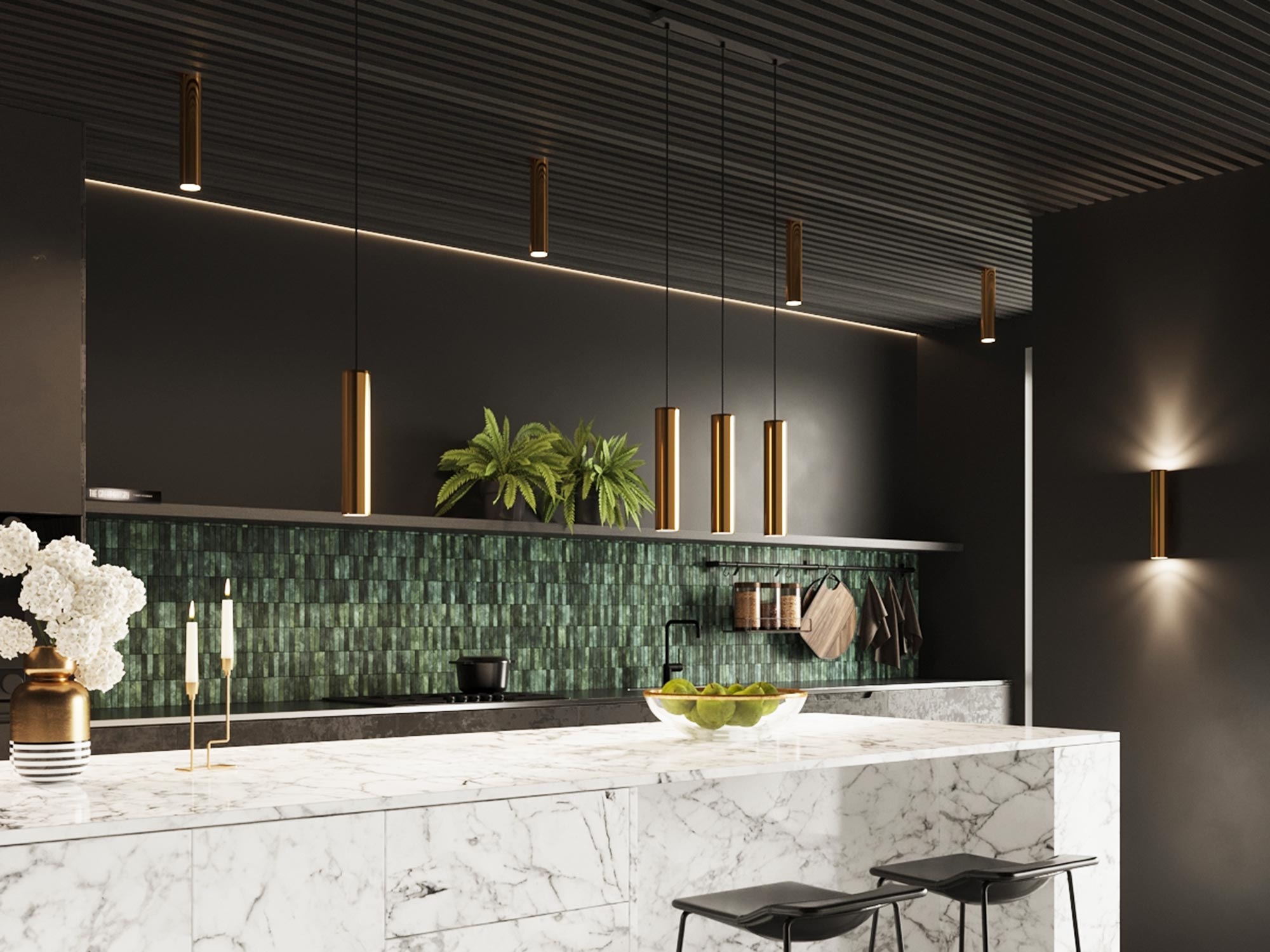 Kuchnia z zieloną zabudową i marmurową wyspą oświetloną tubami Kuchnia z zieloną zabudową i marmurową wyspą oświetloną tubami