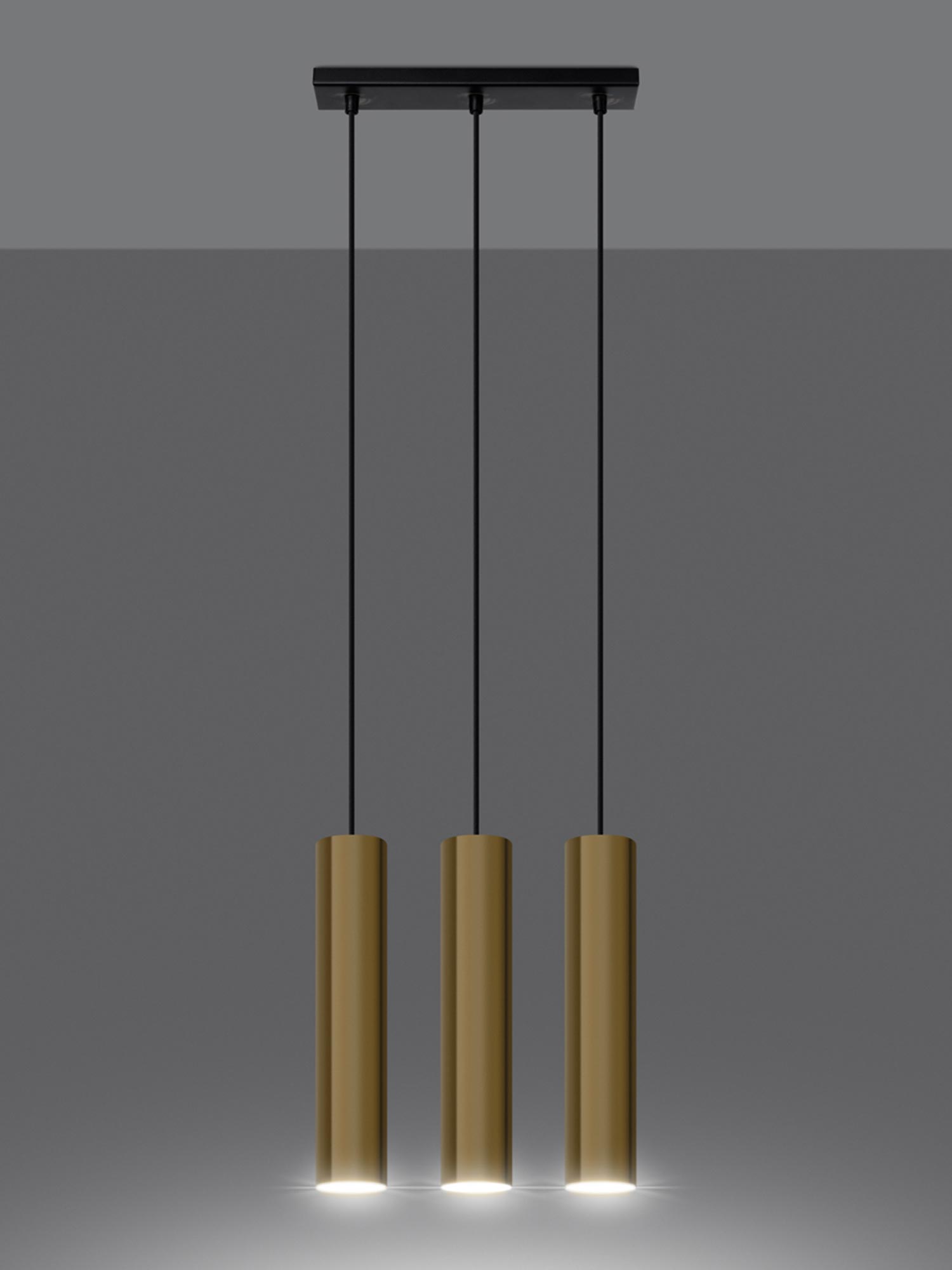 Trzy lampy wiszące złote tuby na czarnym tle, styl luksusowy Trzy lampy wiszące złote tuby na czarnym tle, styl luksusowy