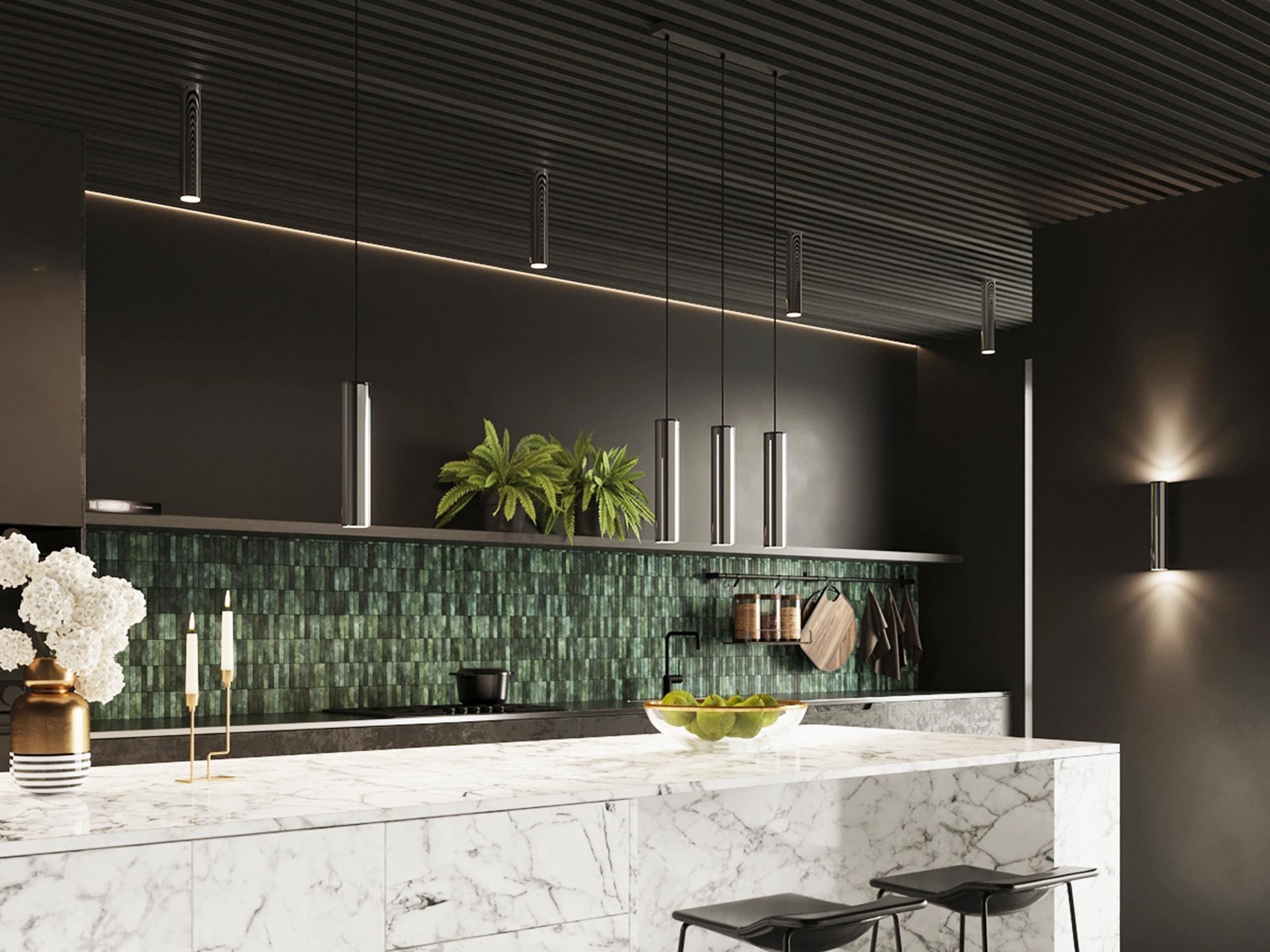 Marmurowa wyspa z oświetleniem wiszącym w nowoczesnej kuchni Marmurowa wyspa z oświetleniem wiszącym w nowoczesnej kuchni