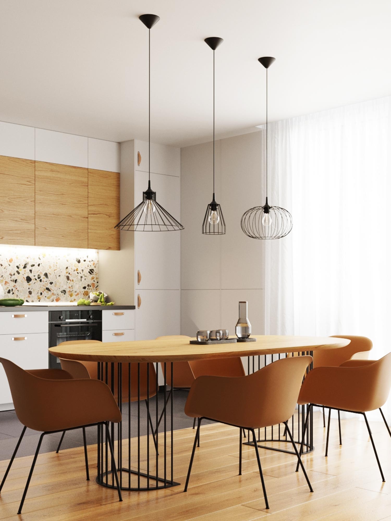 Aranżacja jadalni z lampami drucianymi nad stołem Aranżacja jadalni z lampami drucianymi nad stołem