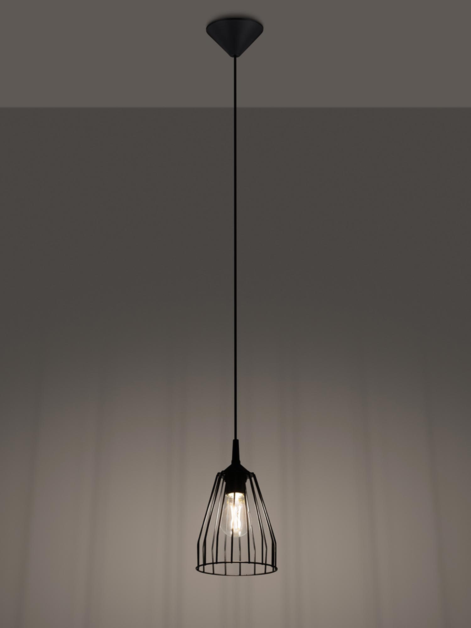 Lampa z czarnym drucianym kloszem w ciemnym wnętrzu Lampa z czarnym drucianym kloszem w ciemnym wnętrzu