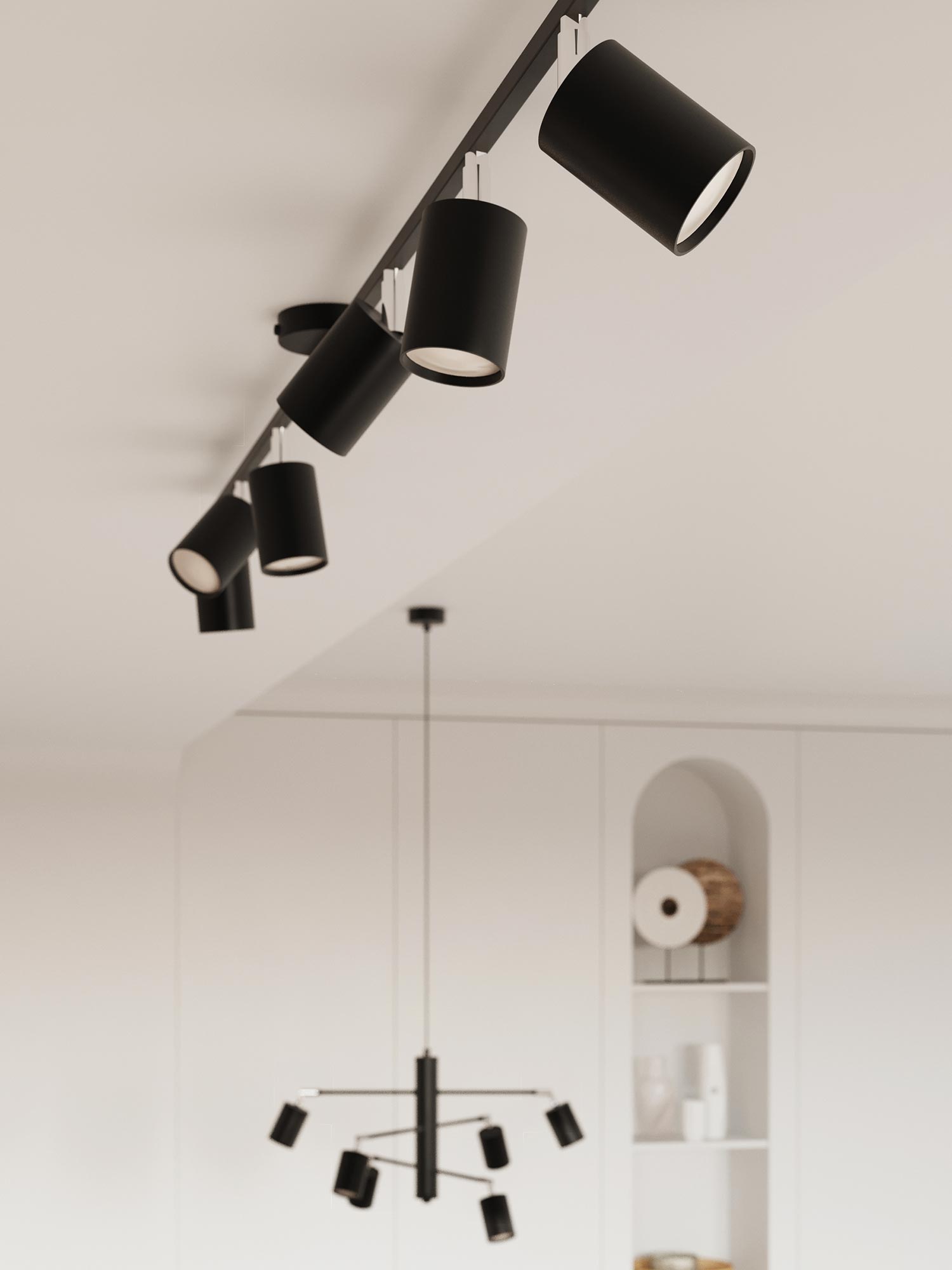 Czarne reflektory na szynie w kuchni z wyspą, styl modern Czarne reflektory na szynie w kuchni z wyspą, styl modern