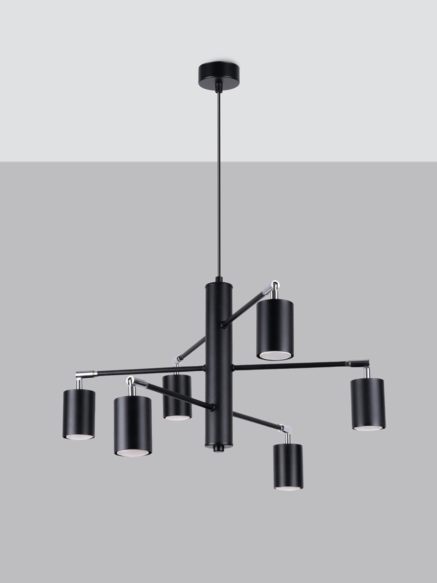 Designerska lampa sufitowa z sześcioma czarnymi reflektorami Designerska lampa sufitowa z sześcioma czarnymi reflektorami