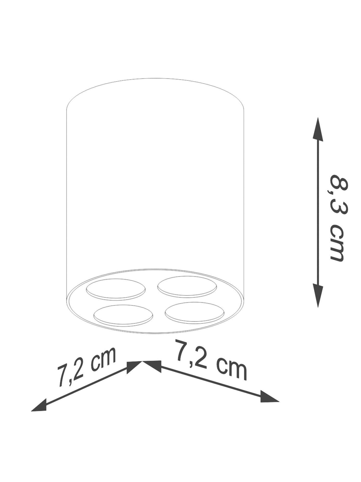 Wymiar techniczny oprawy sufitowej LED 7.2 × 8.3 cm