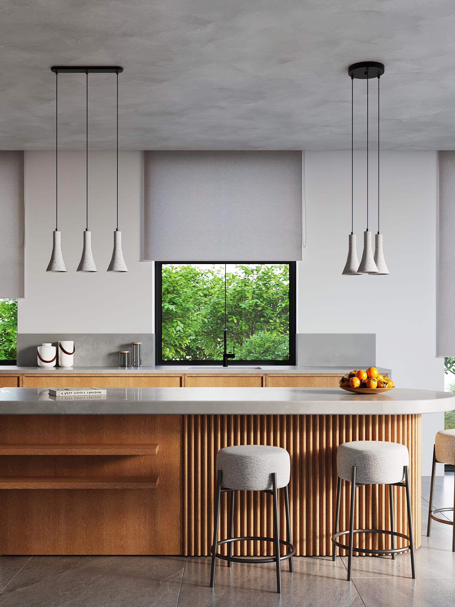Nowoczesna kuchnia z wyspą i trzema betonowymi lampami wiszącymi Nowoczesna kuchnia z wyspą i trzema betonowymi lampami wiszącymi