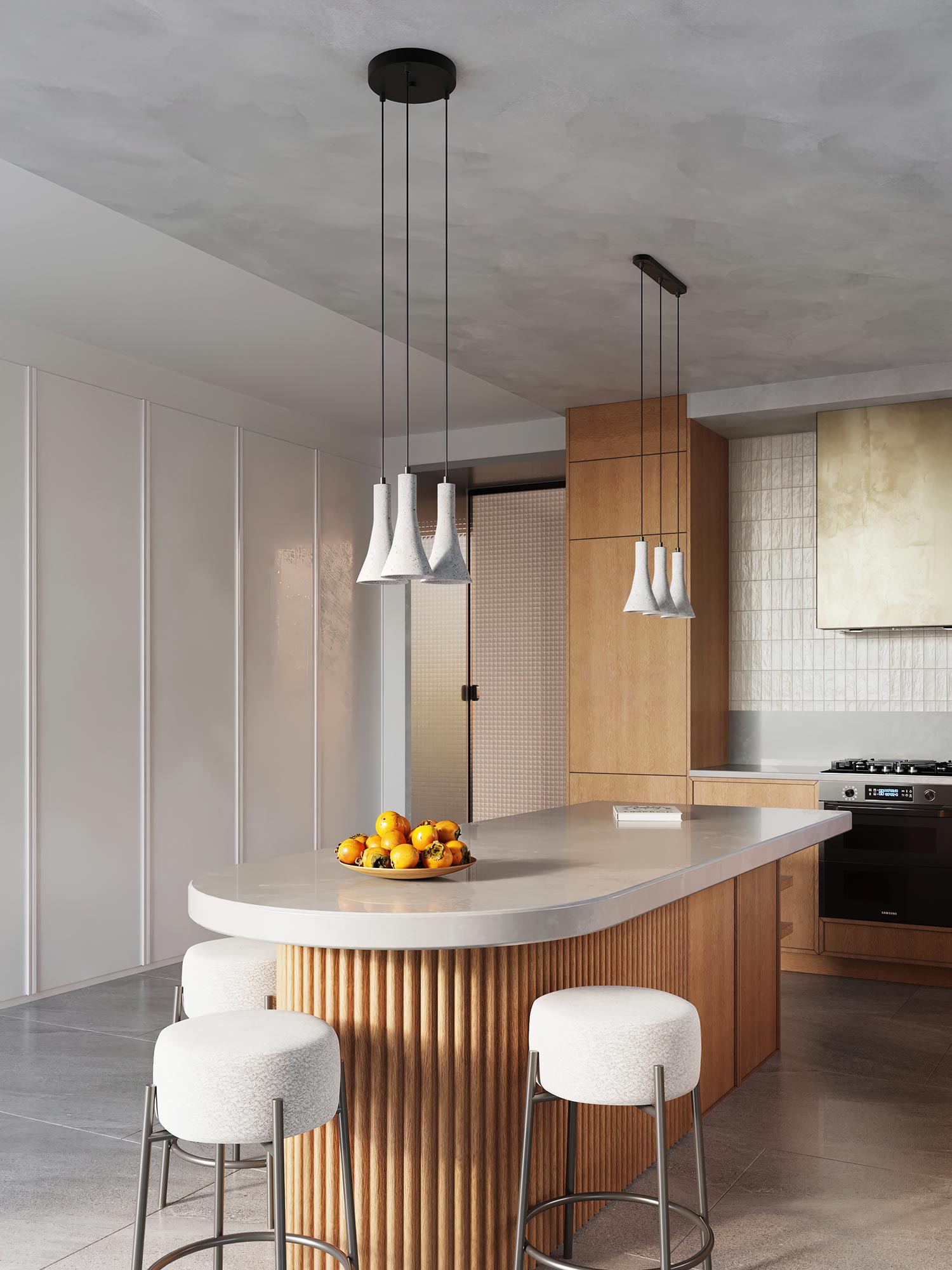 Kuchnia z wyspą i trzema betonowymi kloszami LED w stylu loftowym Kuchnia z wyspą i trzema betonowymi kloszami LED w stylu loftowym