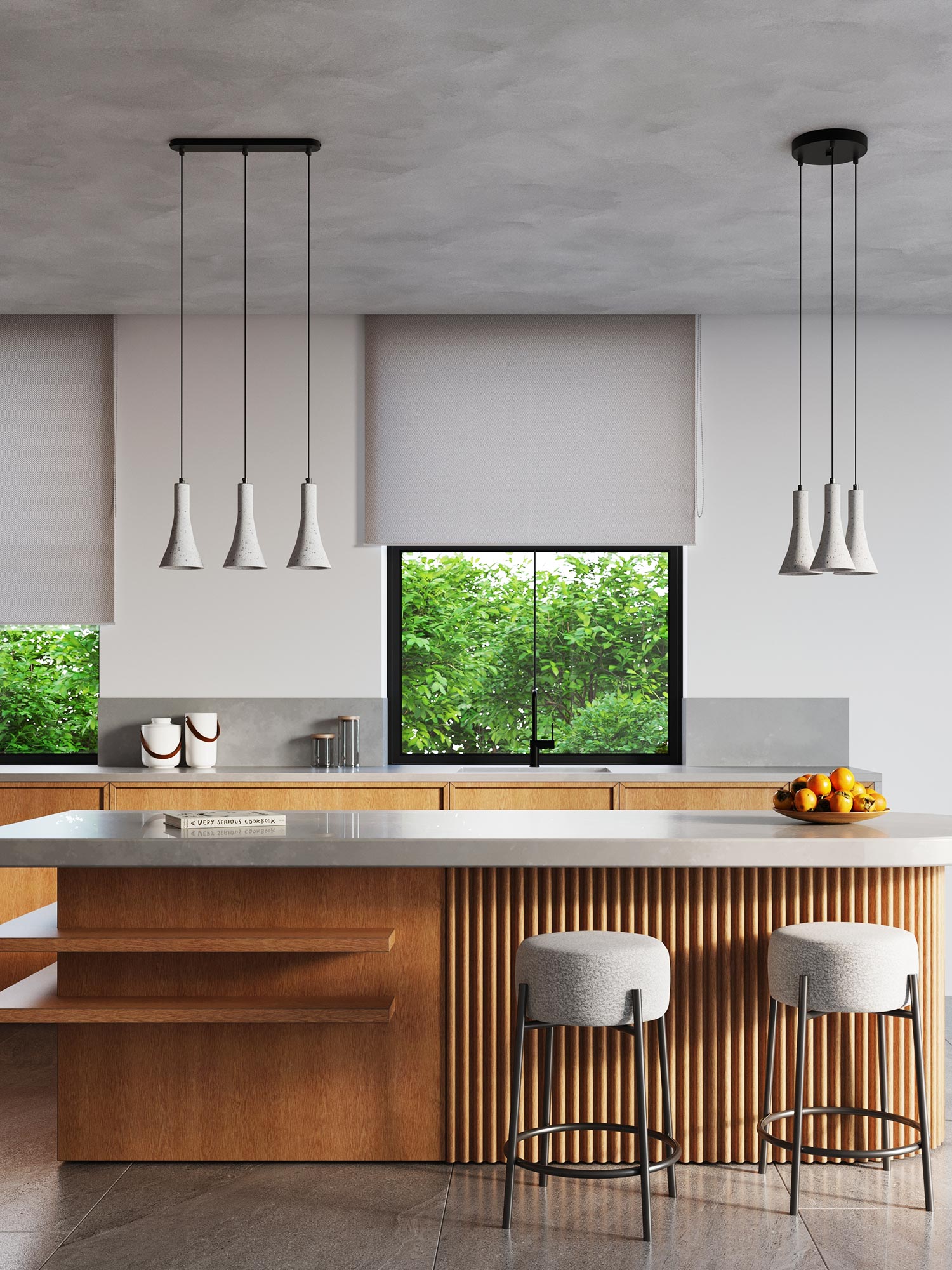 Aranżacja kuchni z lampami o surowym wykończeniu betonowym Aranżacja kuchni z lampami o surowym wykończeniu betonowym