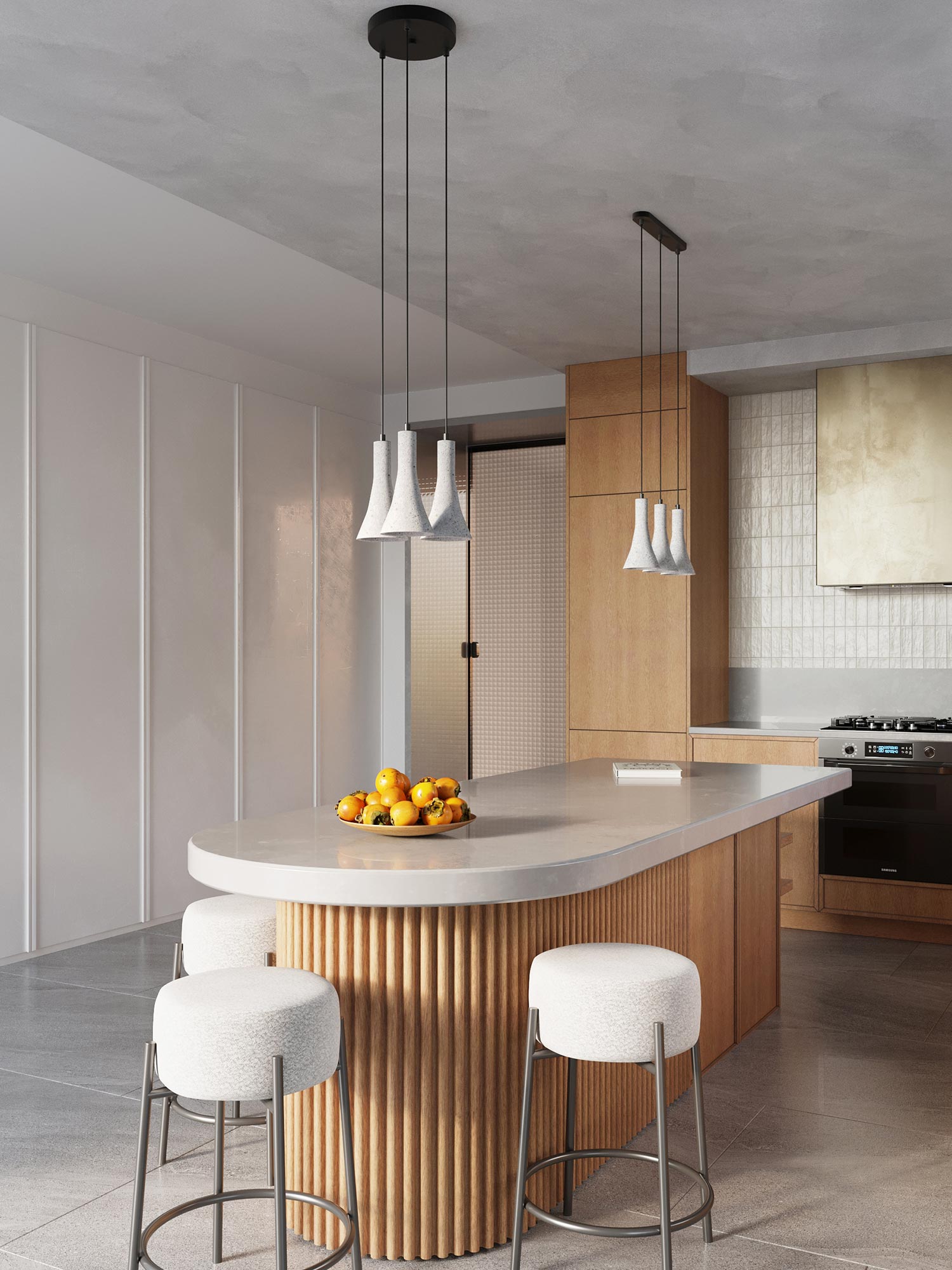 Kuchnia z wyspą i betonowymi lampami wiszącymi LED Kuchnia z wyspą i betonowymi lampami wiszącymi LED