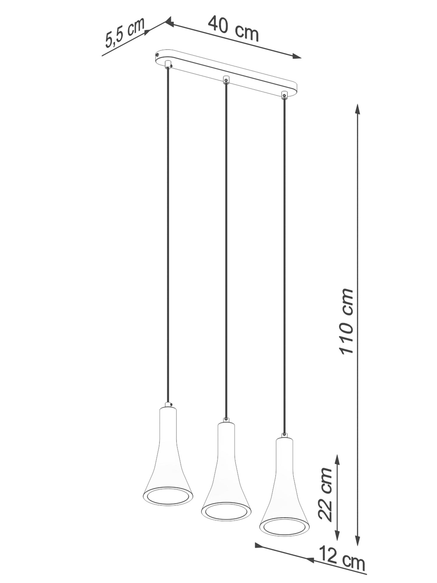 Wymiar techniczny potrójnej lampy z kloszami LED, styl industrialny Wymiar techniczny potrójnej lampy z kloszami LED, styl industrialny