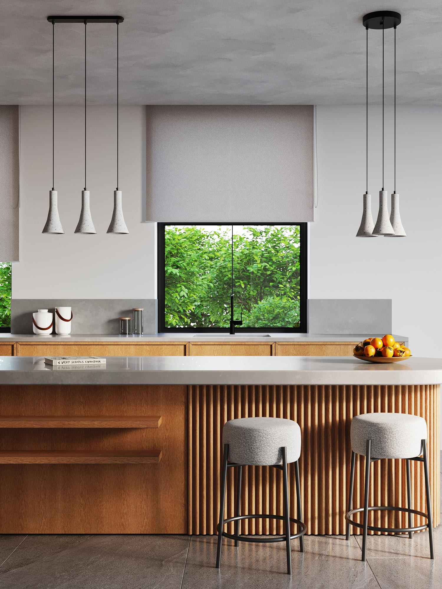 Lampa wisząca z trzema betonowymi kloszami LED, styl loftowy Lampa wisząca z trzema betonowymi kloszami LED, styl loftowy