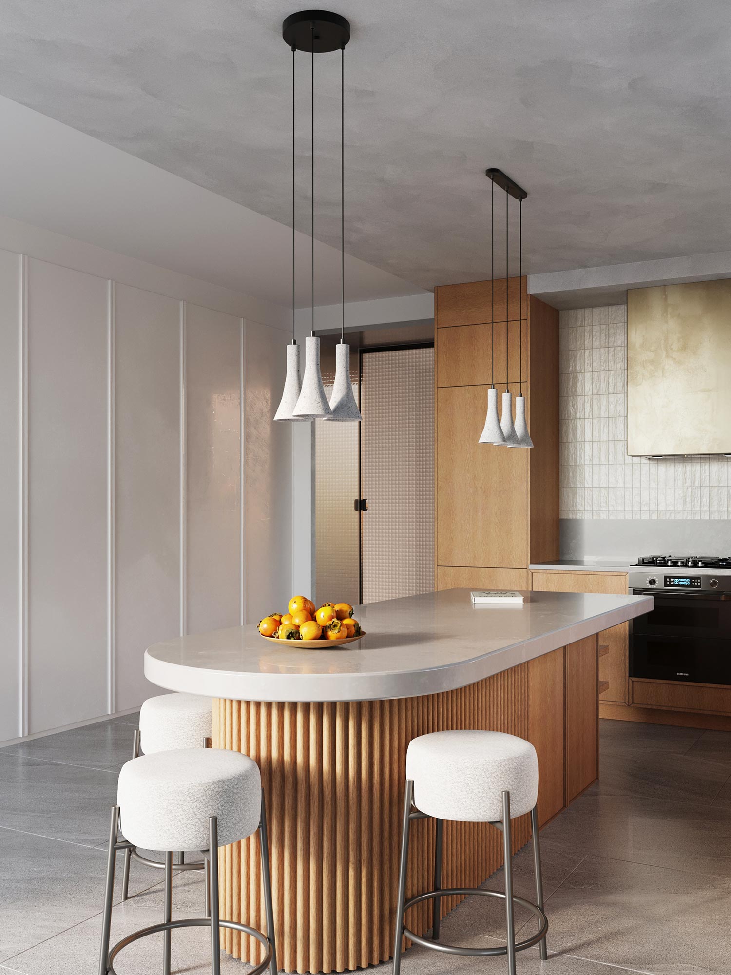 Aranżacja kuchni z drewnianą wyspą i betonowymi lampami wiszącymi Aranżacja kuchni z drewnianą wyspą i betonowymi lampami wiszącymi
