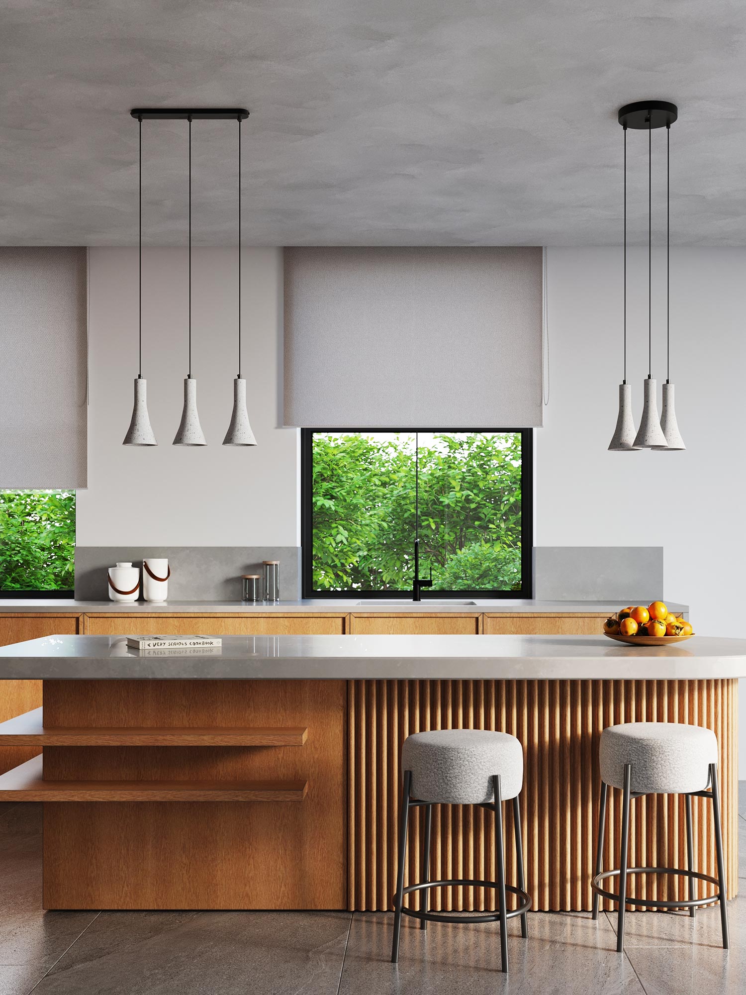 Nowoczesna kuchnia z drewnianą wyspą i wiszącymi lampami LED Nowoczesna kuchnia z drewnianą wyspą i wiszącymi lampami LED