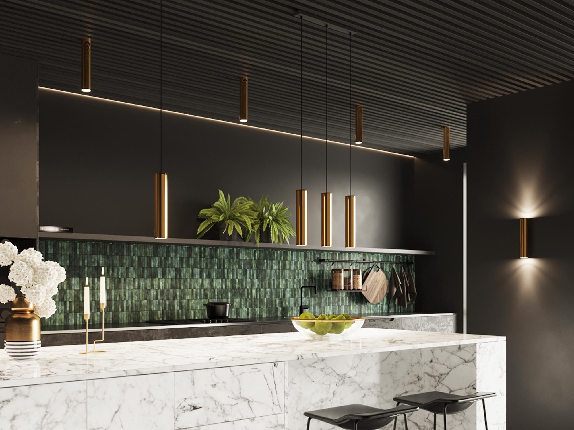 Biała lampa w nowoczesnej kuchni z drewnianą zabudową Biała lampa w nowoczesnej kuchni z drewnianą zabudową