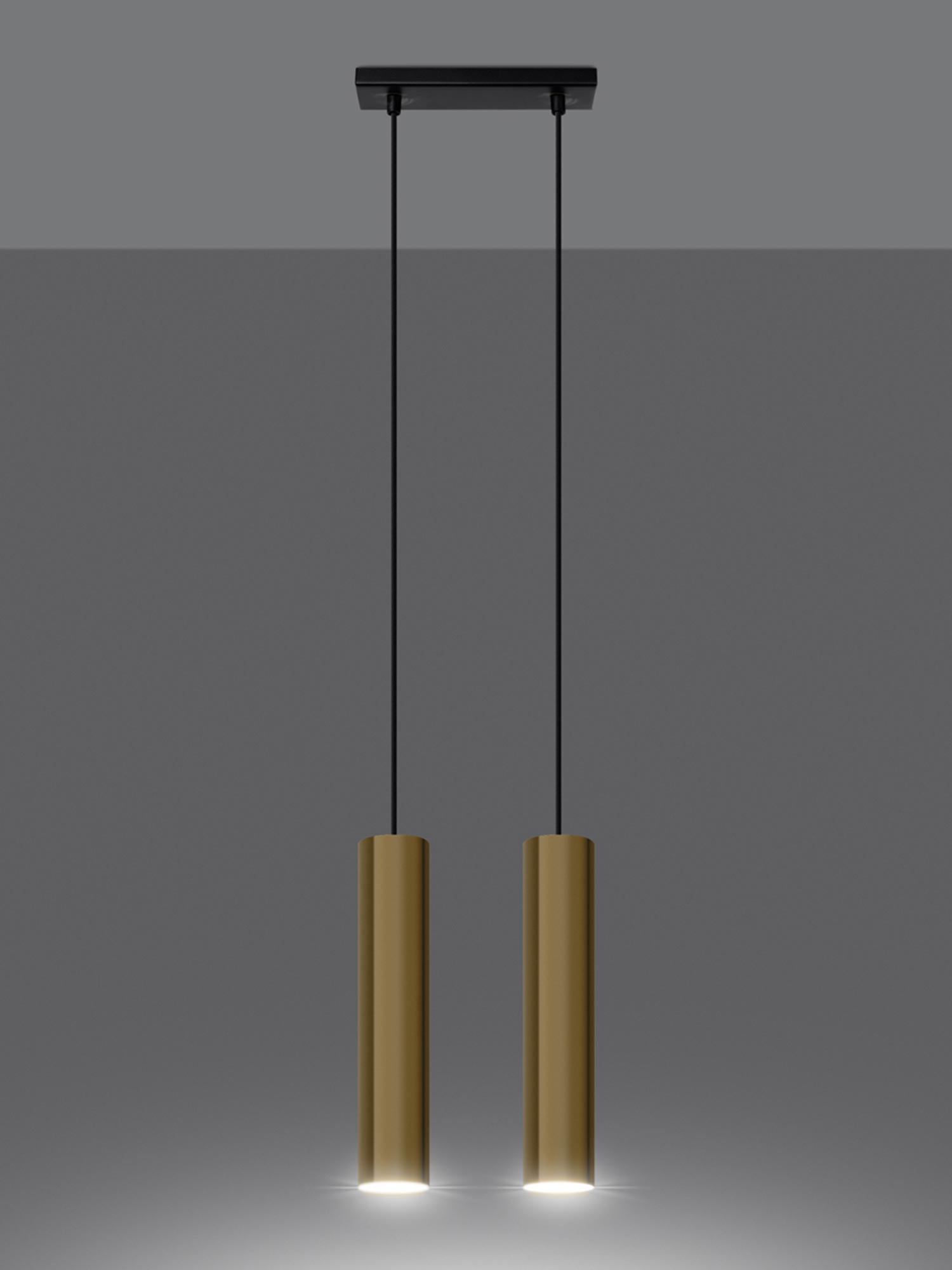 Dwie złote lampy wiszące LED w nowoczesnym wnętrzu Dwie złote lampy wiszące LED w nowoczesnym wnętrzu