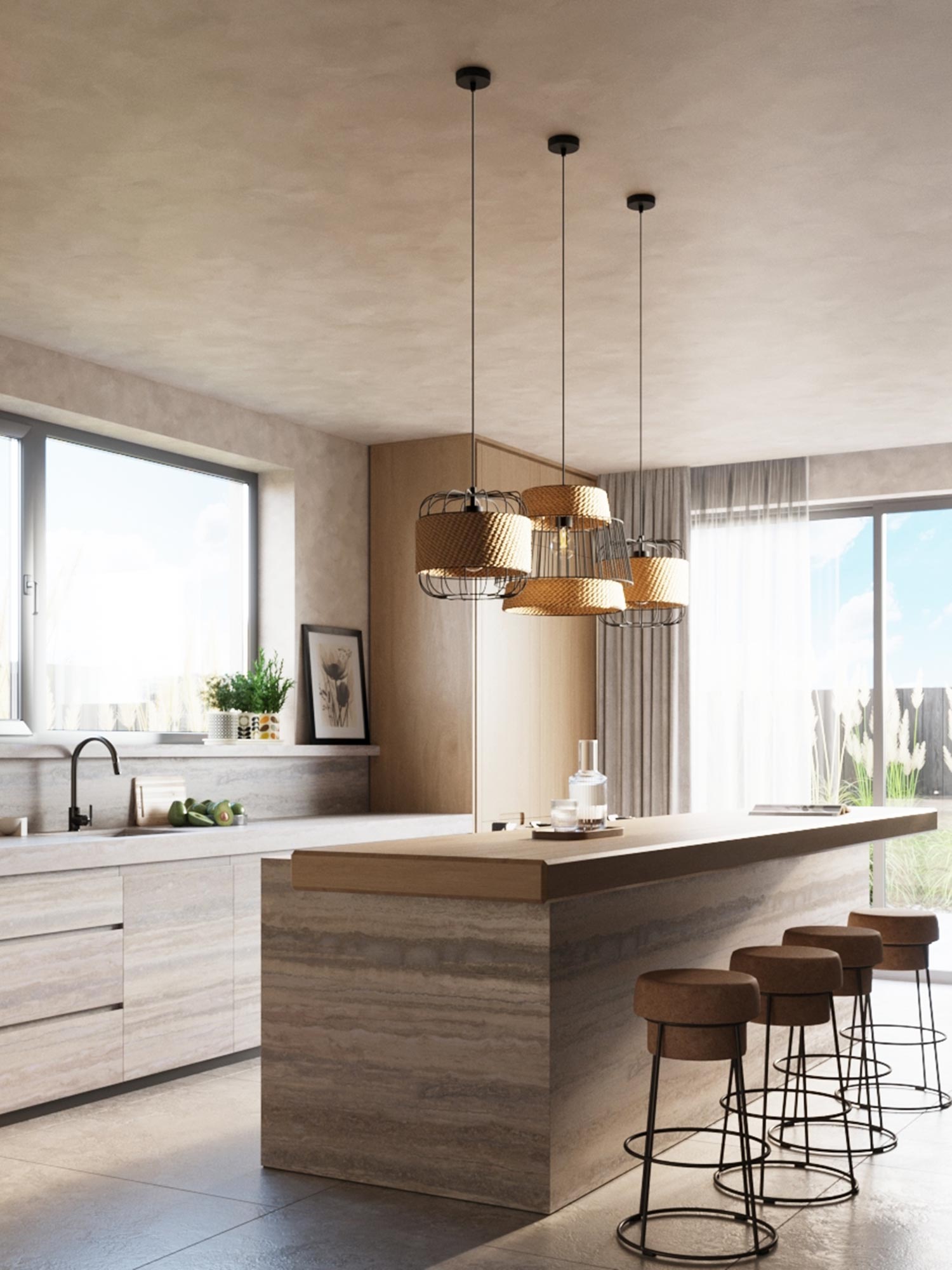 Aranżacja kuchni z lampami w stylu boho i drewnianą zabudową Aranżacja kuchni z lampami w stylu boho i drewnianą zabudową