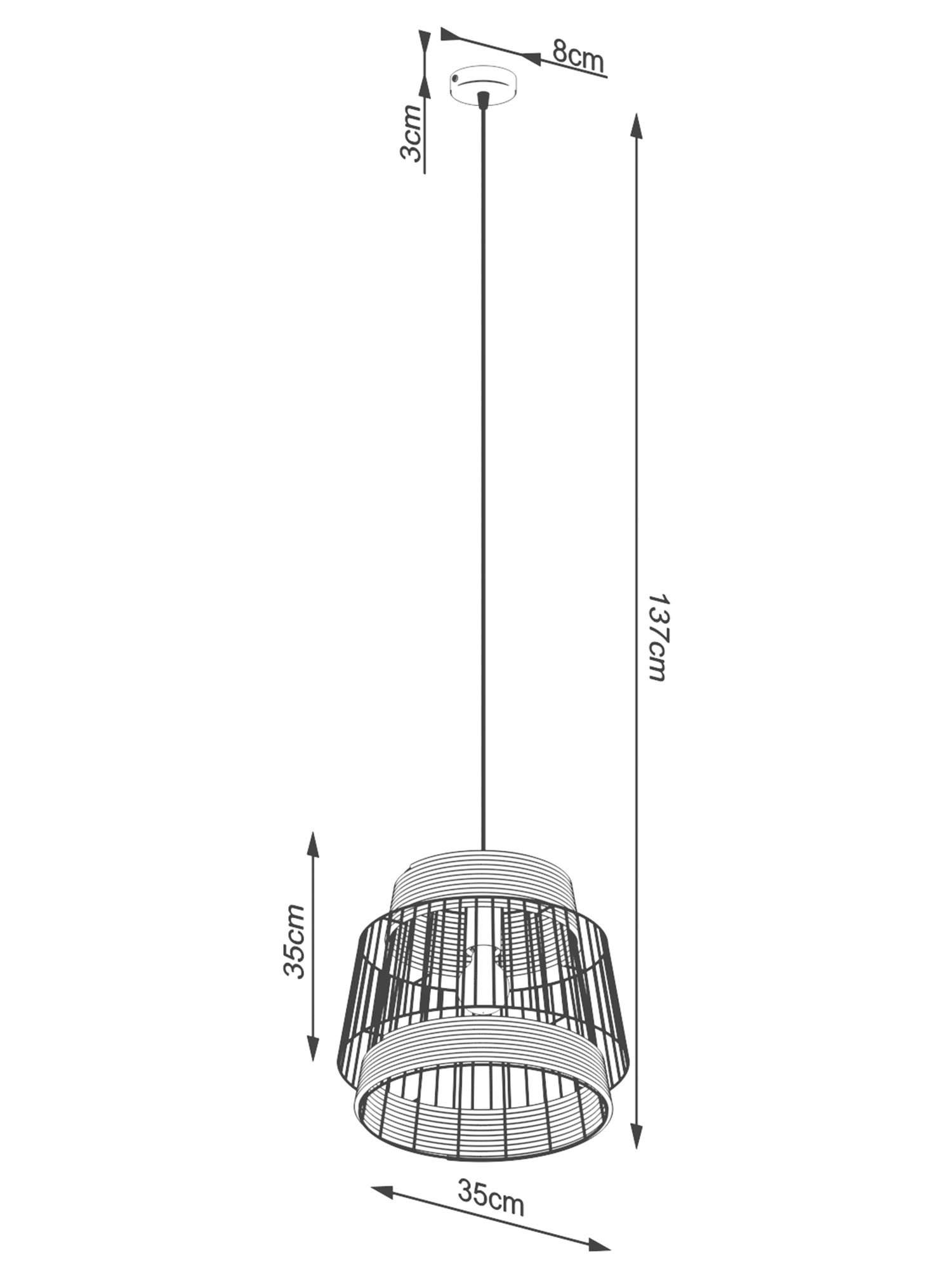 Rysunek techniczny lampy z kloszem z plecionki, styl rustykalny Rysunek techniczny lampy z kloszem z plecionki, styl rustykalny