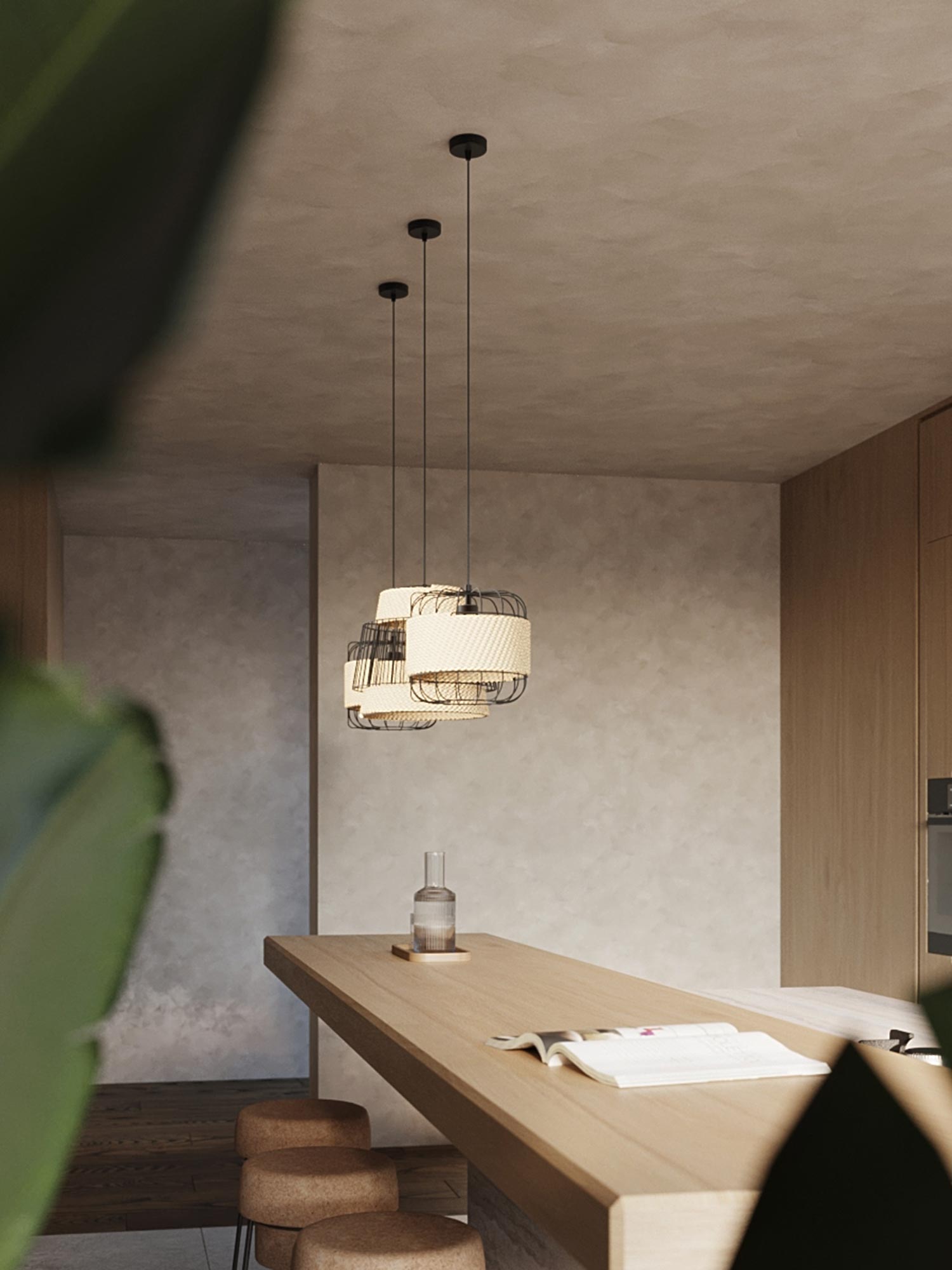 Kuchnia z wyspą i lampami z plecionki jutowej, styl naturalny Kuchnia z wyspą i lampami z plecionki jutowej, styl naturalny