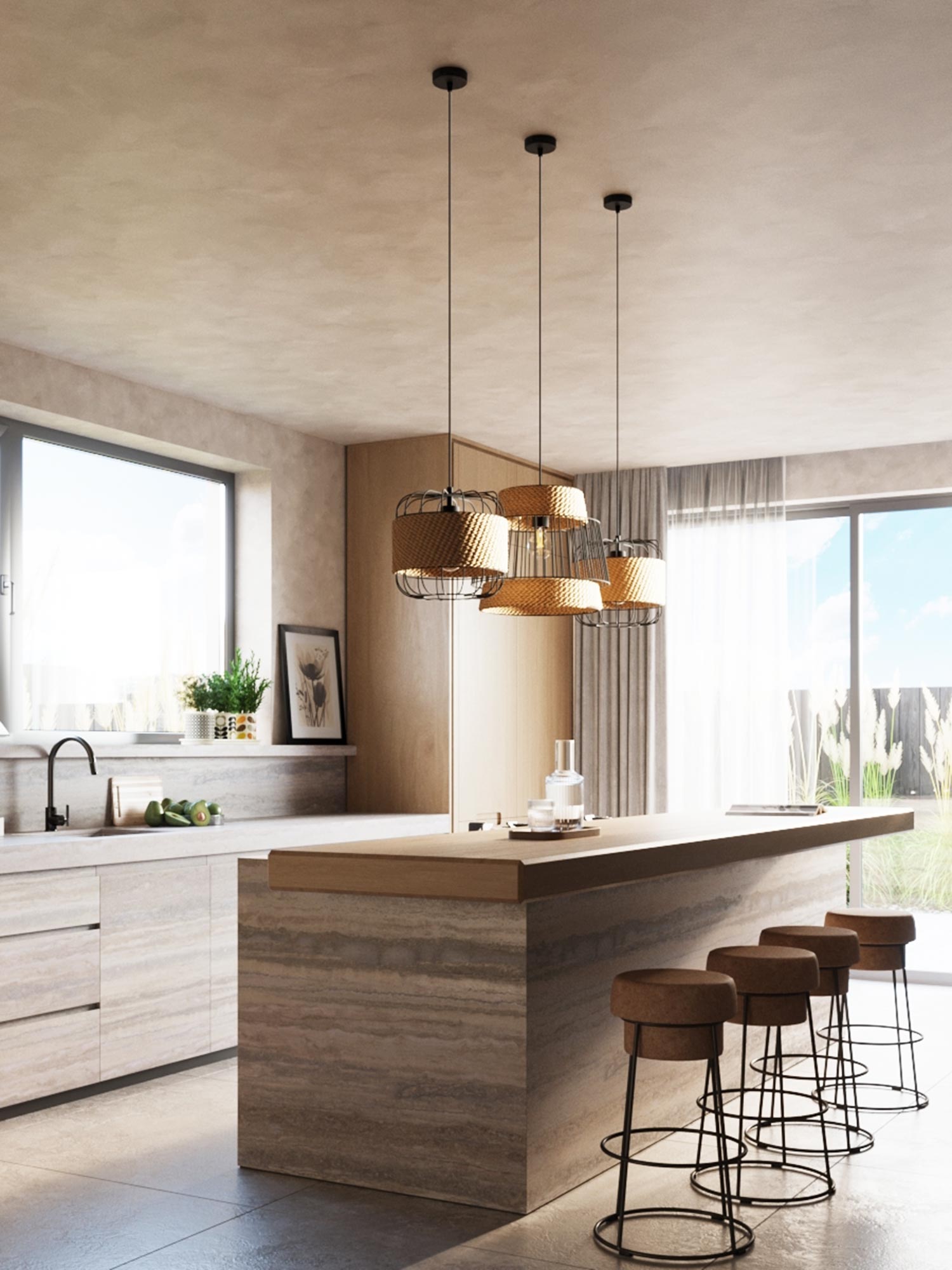 Aranżacja kuchni z drewnianą wyspą i lampami w stylu boho Aranżacja kuchni z drewnianą wyspą i lampami w stylu boho