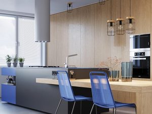 Miniaturka 6 - Nowoczesna kuchnia z drewnianą zabudową i lampami industrialnymi